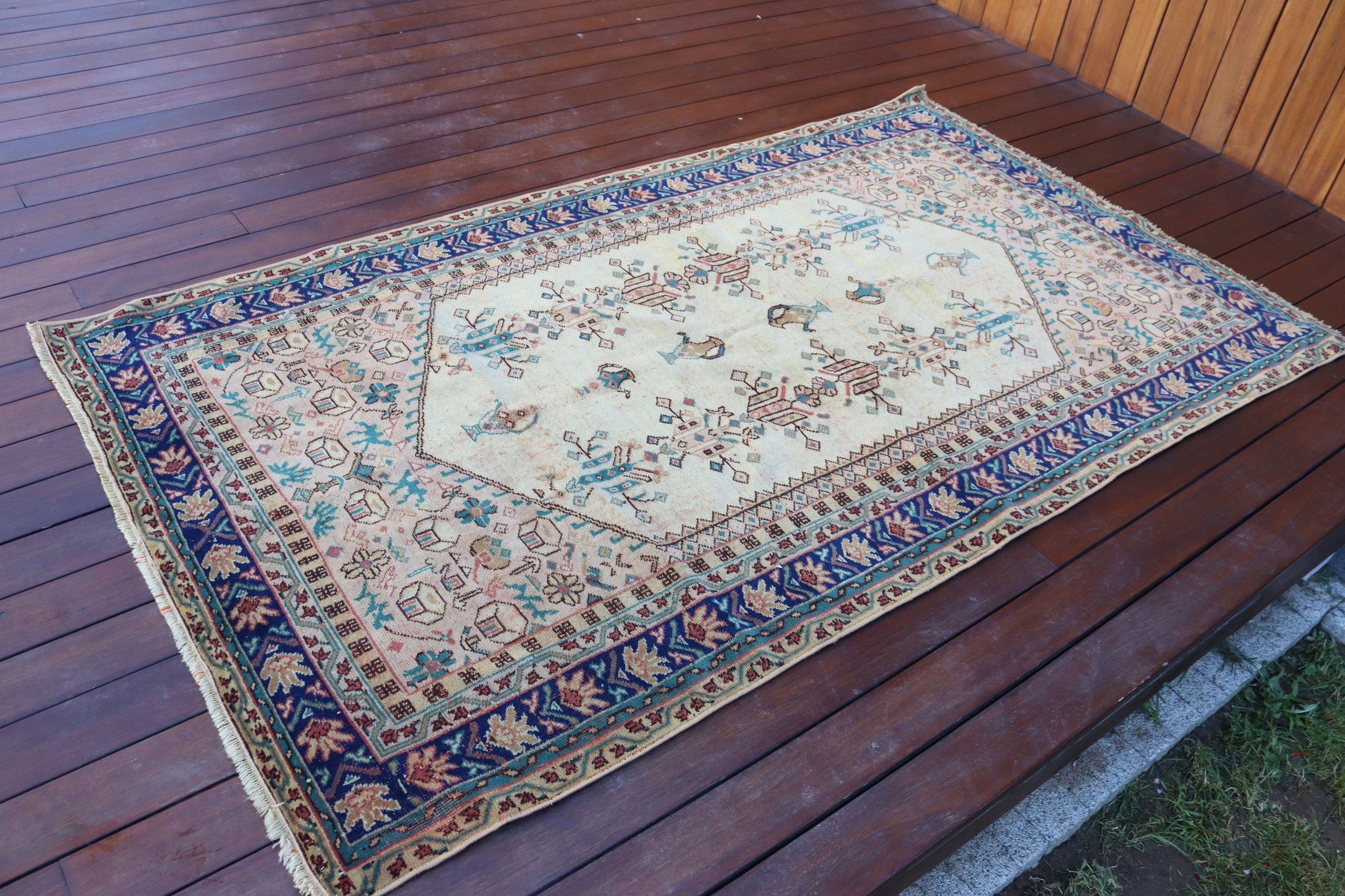 Geometrik Halılar, Oturma Odası Halısı, 3.7x6.6 ft Alan Halıları, Ev Dekorasyonu Halıları, Vintage Halılar, Bej Geometrik Halı, Türk Halısı, Yatak Odası Halısı