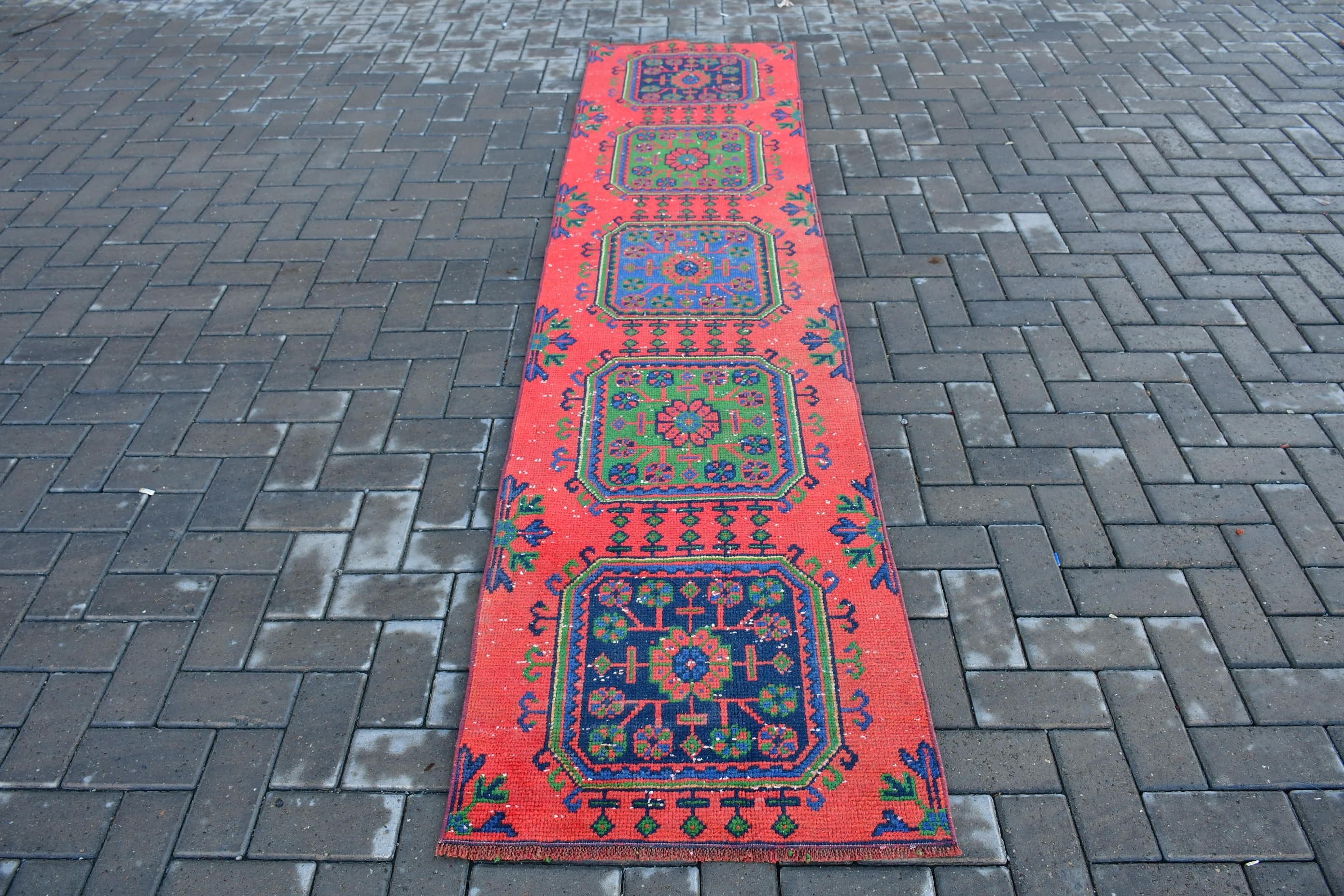 Red Anatolian Rugs, 2.3x9.6 ft Runner Rug, Turkish Rug, Oriental Rug, Rugs for Hallway, Vintage Rug, Stair Rugs, Muted Rug