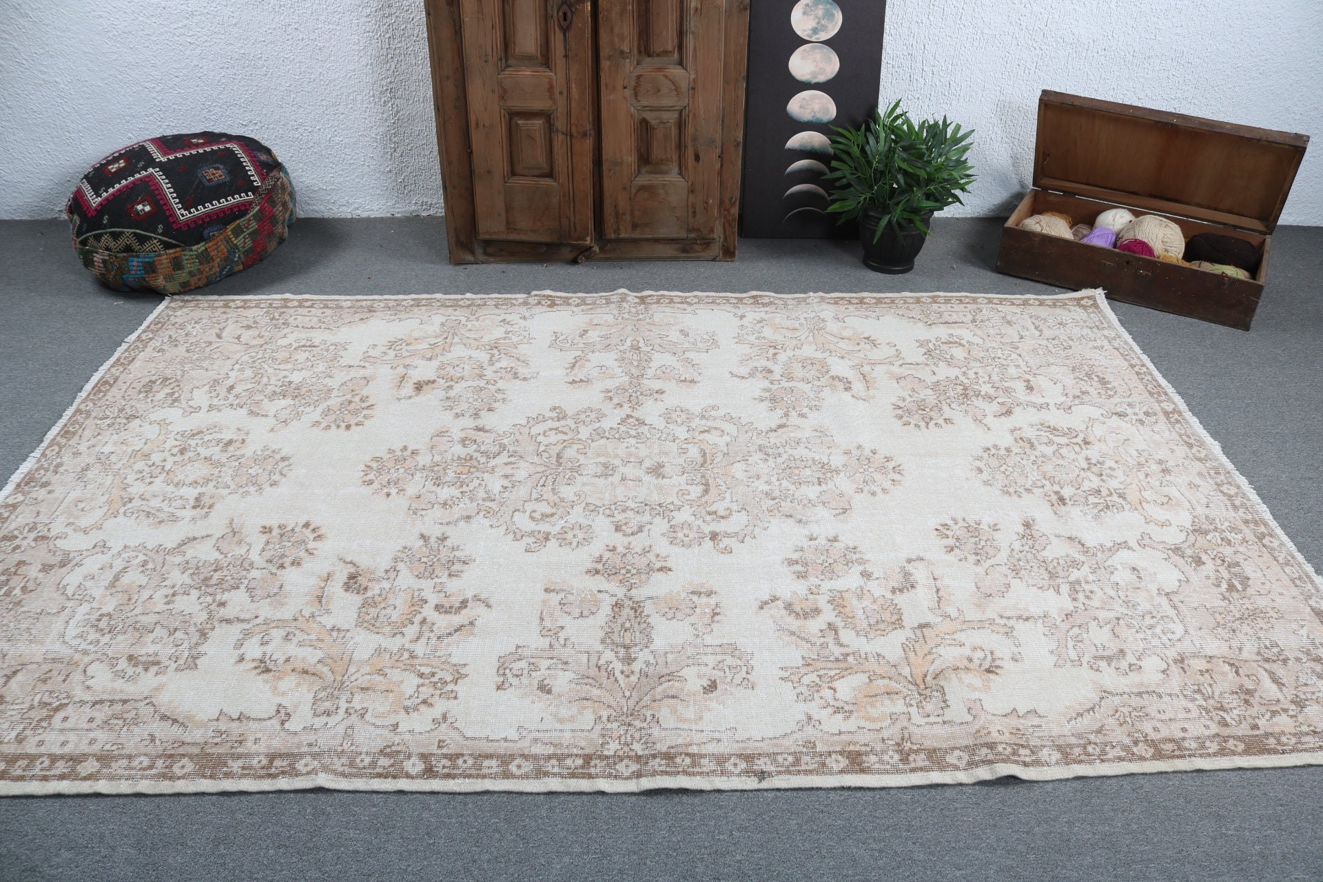 Açıklama Halıları, 5.7x8.8 ft Büyük Halılar, Vintage Halı, Türk Halısı, Bej Yün Halı, Salon Halısı, Aztek Halıları, Geometrik Halı, Yemek Odası Halıları