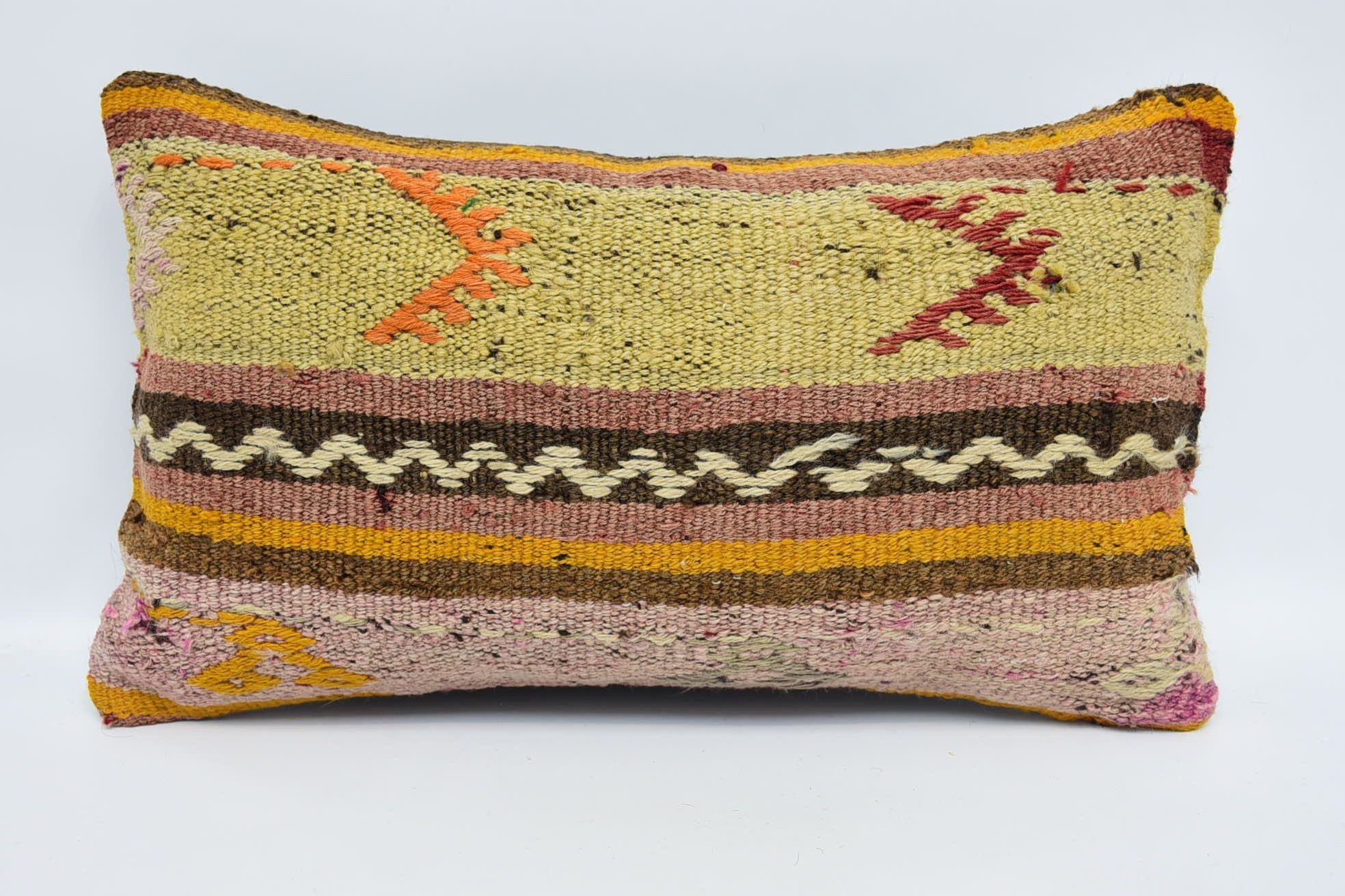 Turkish Kilim Pillow, 12"x20" Green Pillow Cover, Kilim Pillow Cover, Meditation Pillow, Boho Pillow Sham Cover, Sofa Bolster Pillow Sham