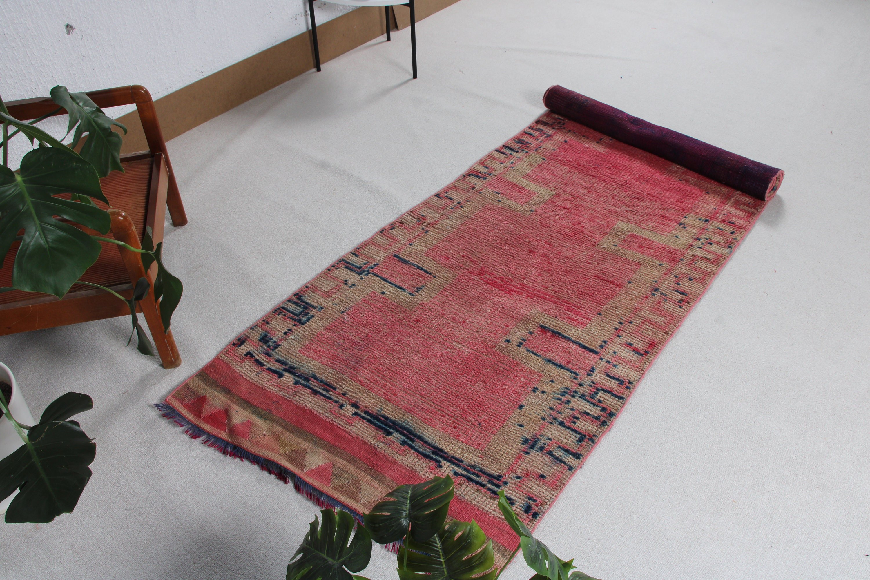 Türk Halıları, Vintage Halı, Pembe Antika Halı, Vintage Runner Halıları, Geometrik Halı, Koridor Halısı, 3.1x9.5 ft Runner Halısı