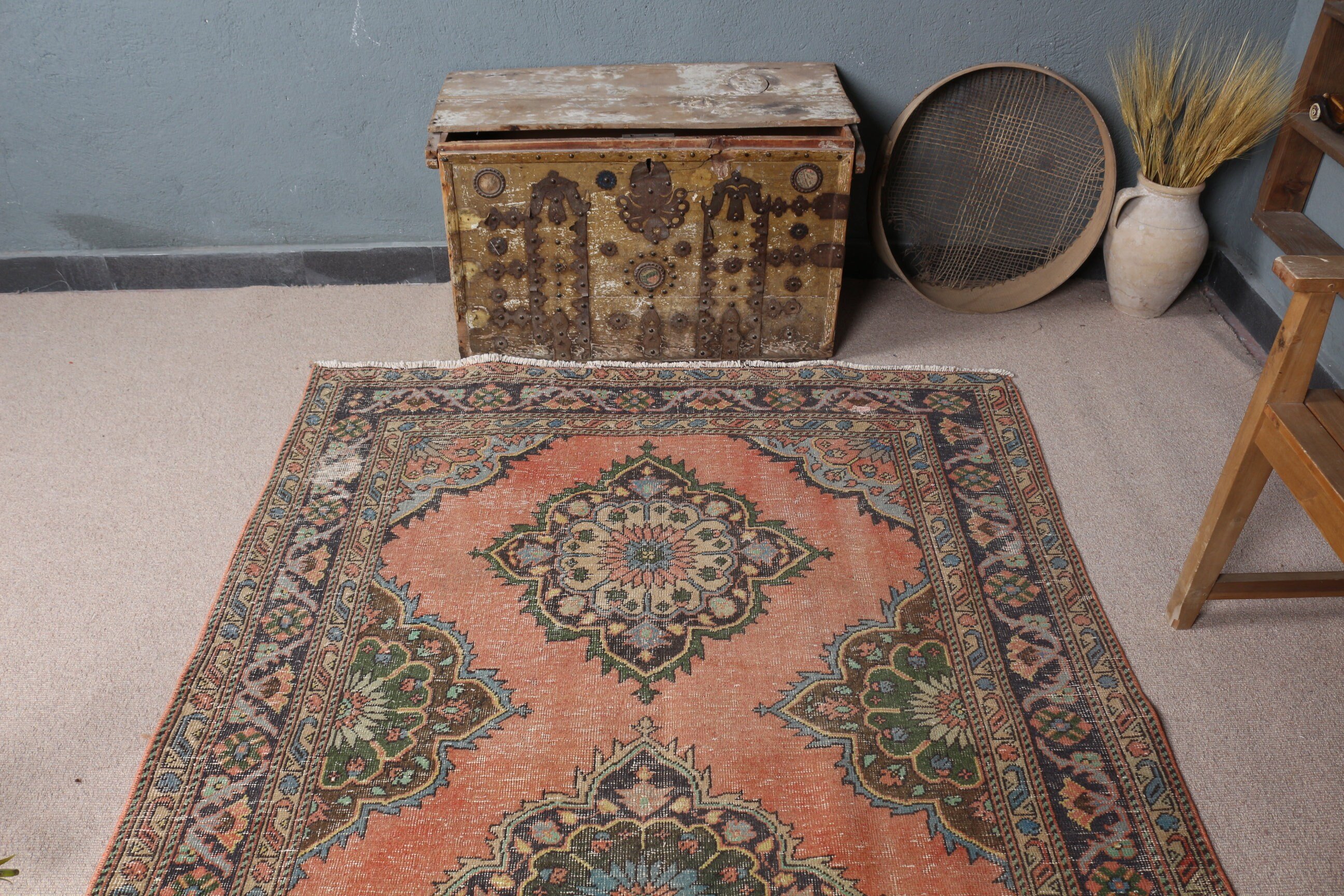 Oturma Odası Halısı, Turuncu Oryantal Halı, Türk Halısı, Yatak Odası Halıları, Salon Halısı, Pastel Halı, Vintage Halı, 4,9x12,1 ft Büyük Halılar