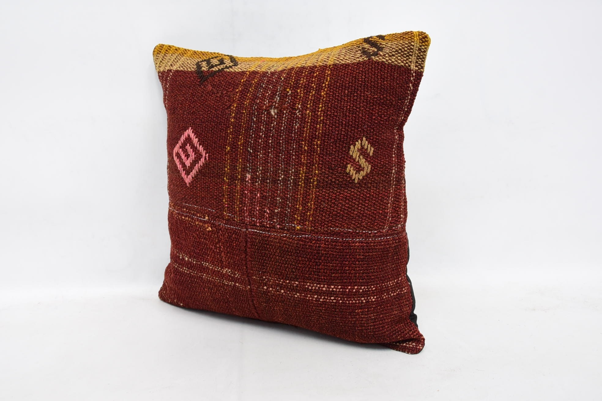 Turkish Kilim Pillow, Office Chair Pillow Case, Vintage Kilim Pillow, Boho Pillow Sham Cover, 16"x16" Red Pillow Cover