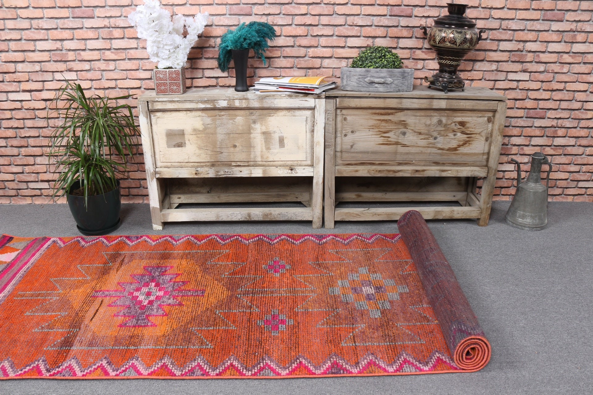 Floor Rug, Orange Anatolian Rugs, Oushak Rugs, 2.9x10.1 ft Runner Rug, Hallway Rug, Oriental Rug, Kitchen Rug, Vintage Rug, Turkish Rug