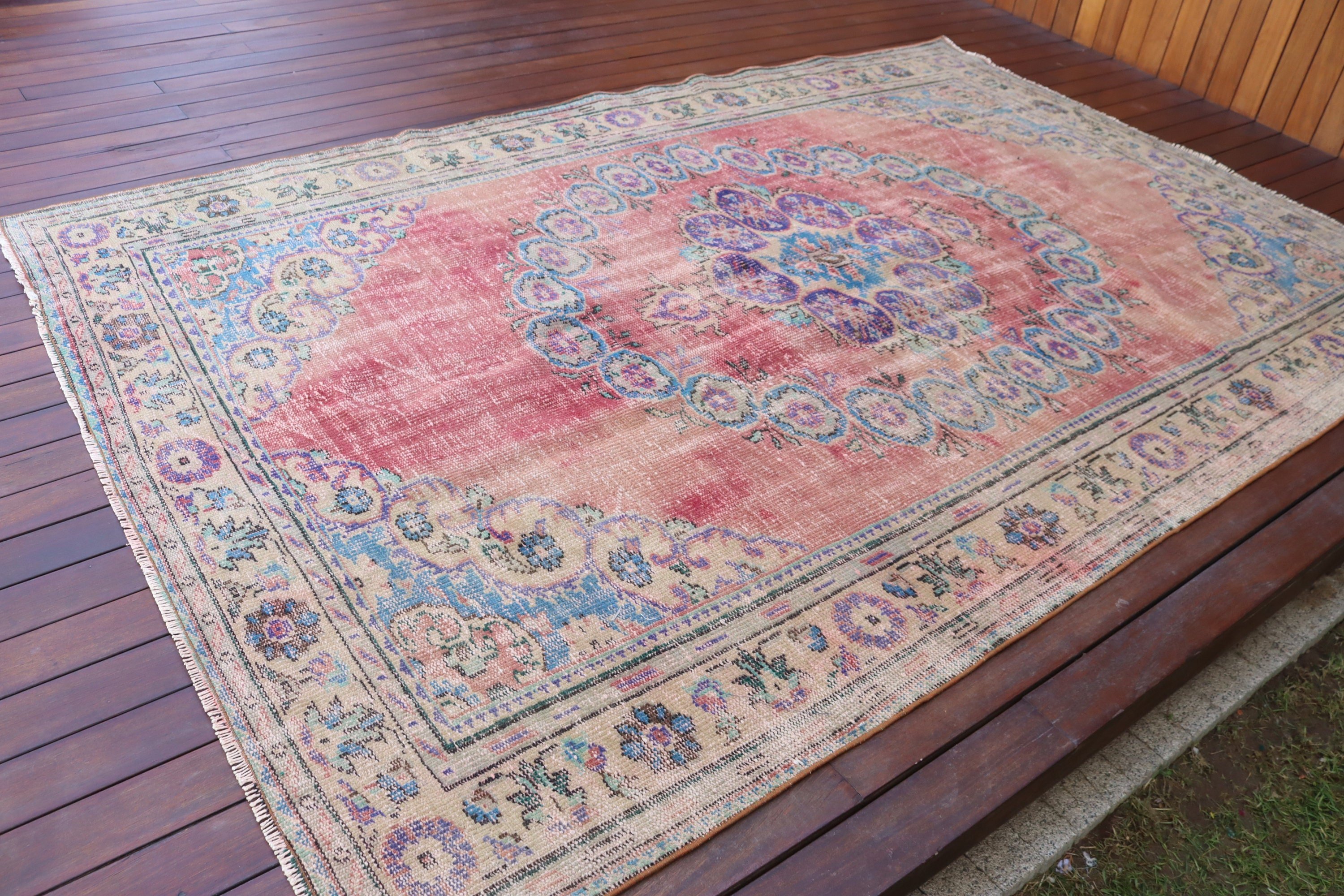 Yün Halı, Büyük Boho Halı, 6.1x9.1 ft Büyük Halılar, Türk Halıları, Büyük Oushak Halıları, Kırmızı Düz ​​Dokuma Halı, Vintage Halılar