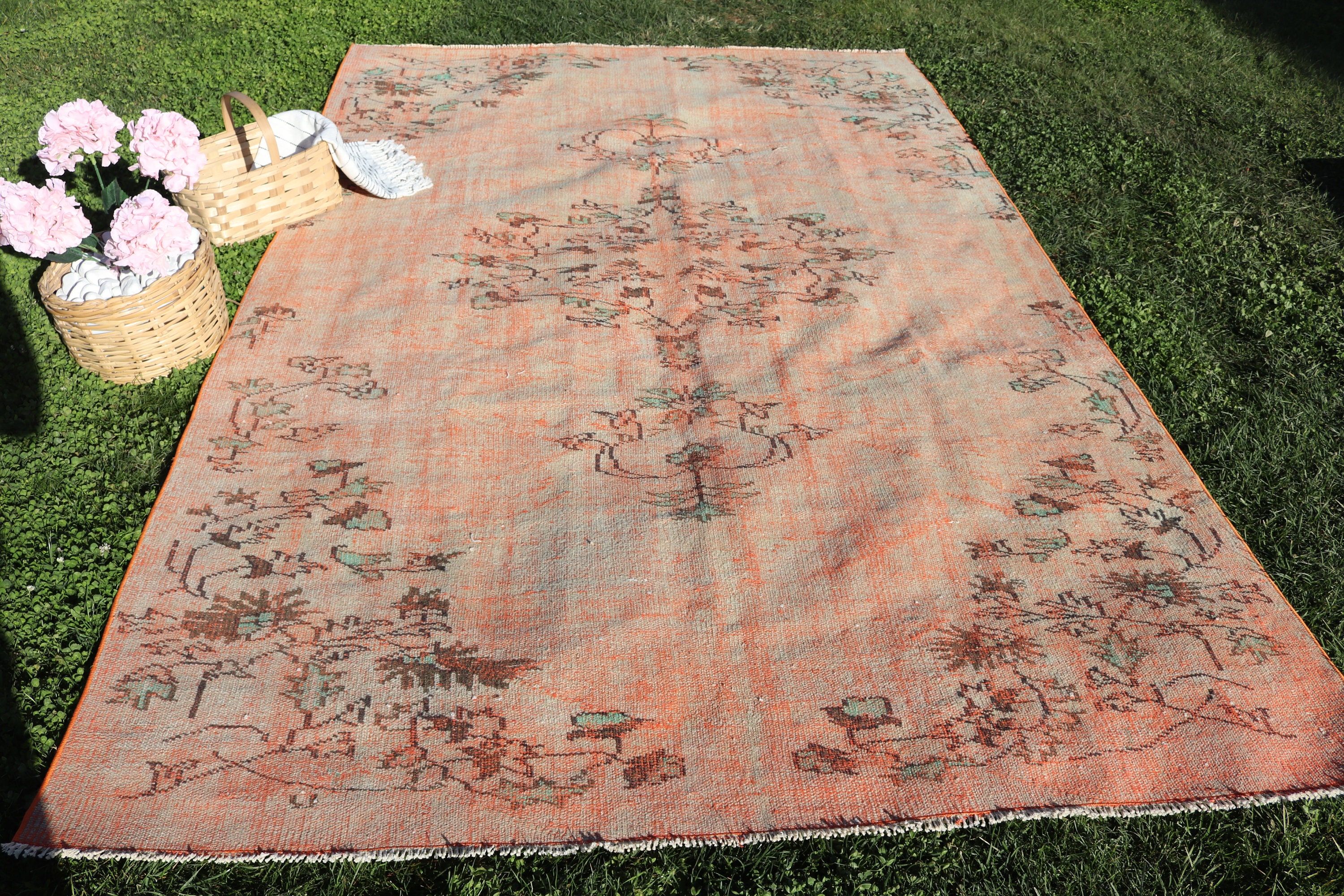 Türk Halıları, 6.1x9.5 ft Büyük Halılar, Turuncu Düz Dokuma Halılar, Yer Halısı, Düz Dokuma Halı, Büyük Boho Halılar, Büyük Vintage Halılar, Vintage Halı