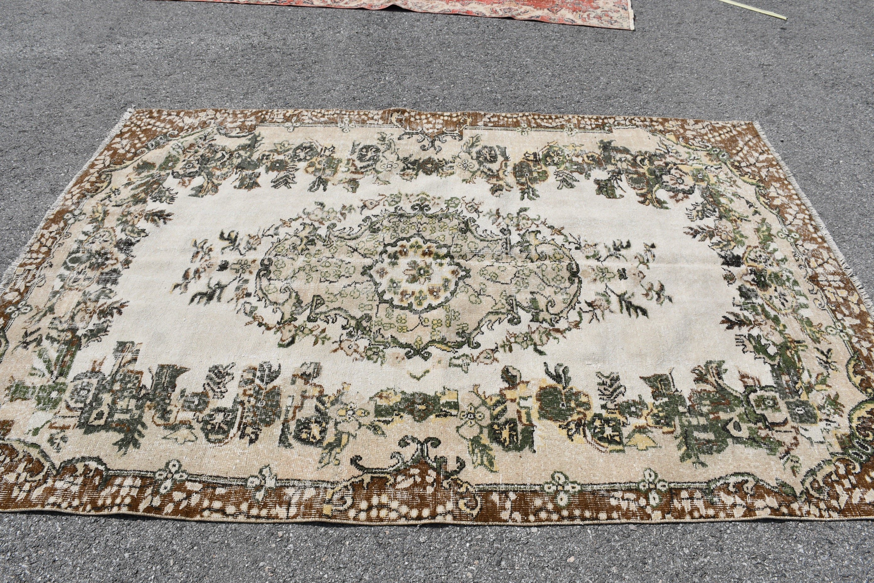 Salon Halısı, Mutfak Halısı, Vintage Halı, Yemek Odası Halıları, Türk Halısı, Oushak Halıları, Bej 5.9x8.6 ft Büyük Halı, Bohem Halıları