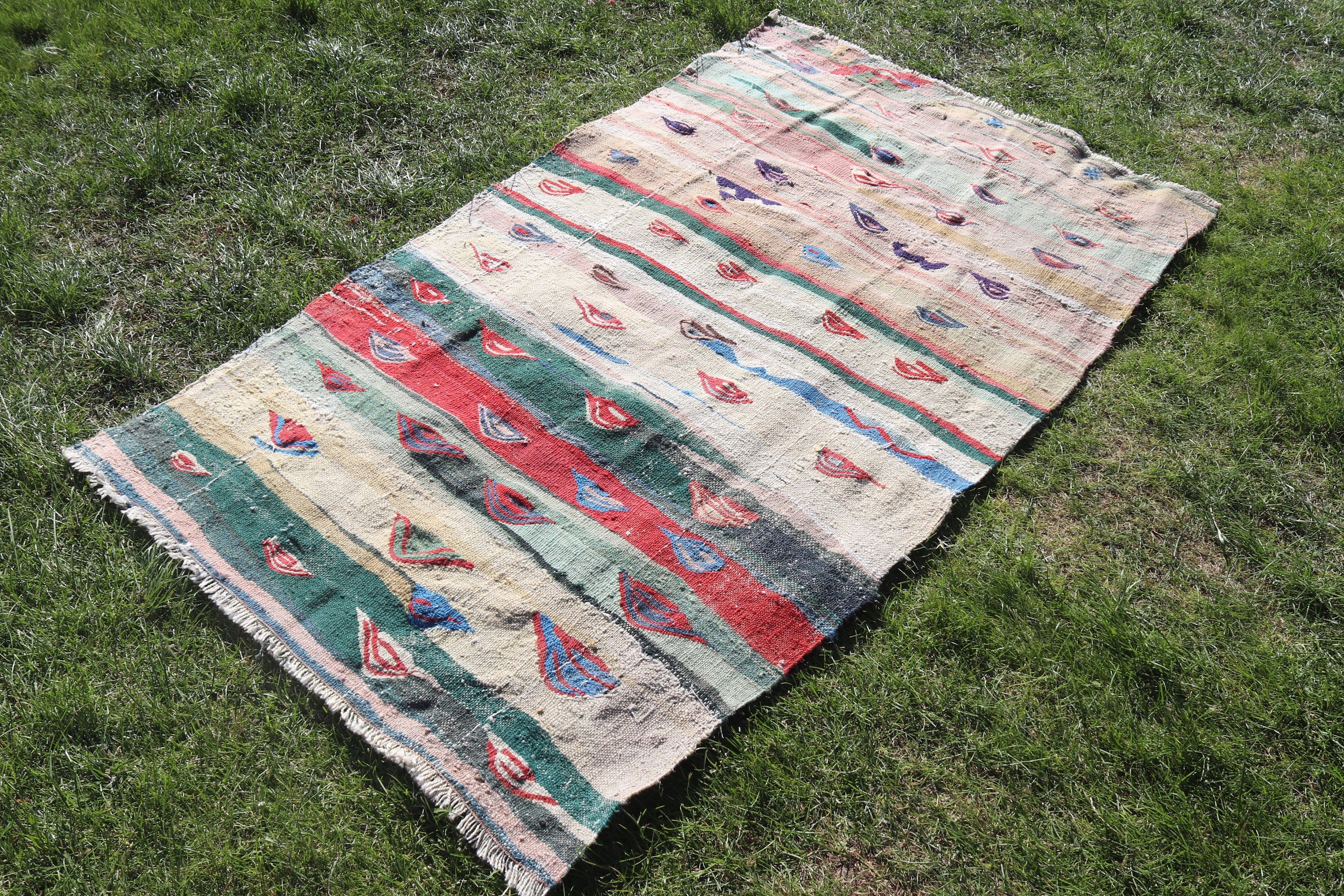 Dekoratif Halılar, Bej Antika Halı, 3,5x5,9 ft Vurgulu Halılar, Düz Dokuma Halı, Boho Vurgulu Halı, Vintage Halılar, Lüks Halılar, Türk Halıları