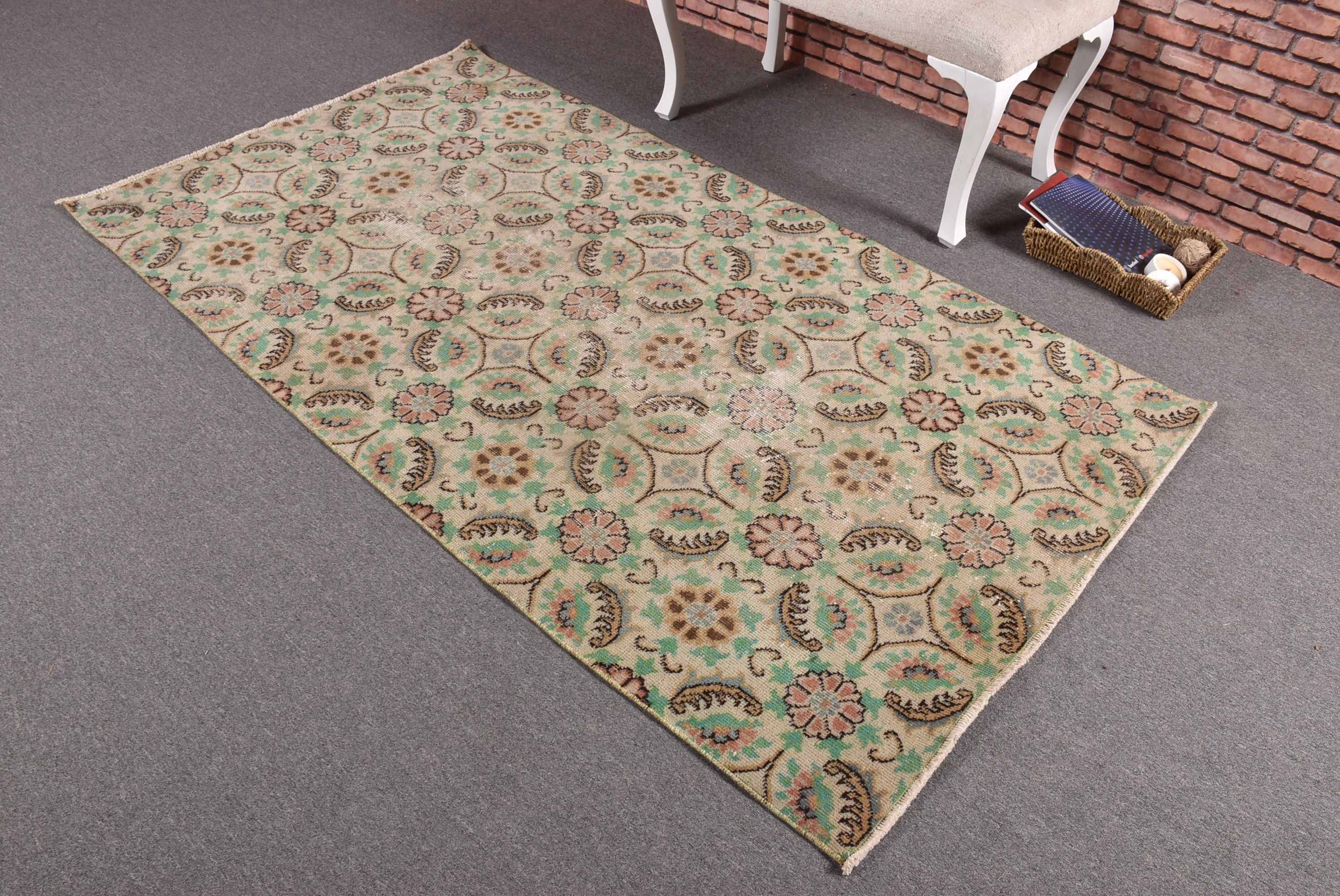 Vintage Rugs, Floor Rugs, Green Geometric Rug, Kitchen Rug, Bedroom Rug, 3.7x7 ft Area Rug, Dining Room Rugs, Home Decor Rugs, Turkish Rugs