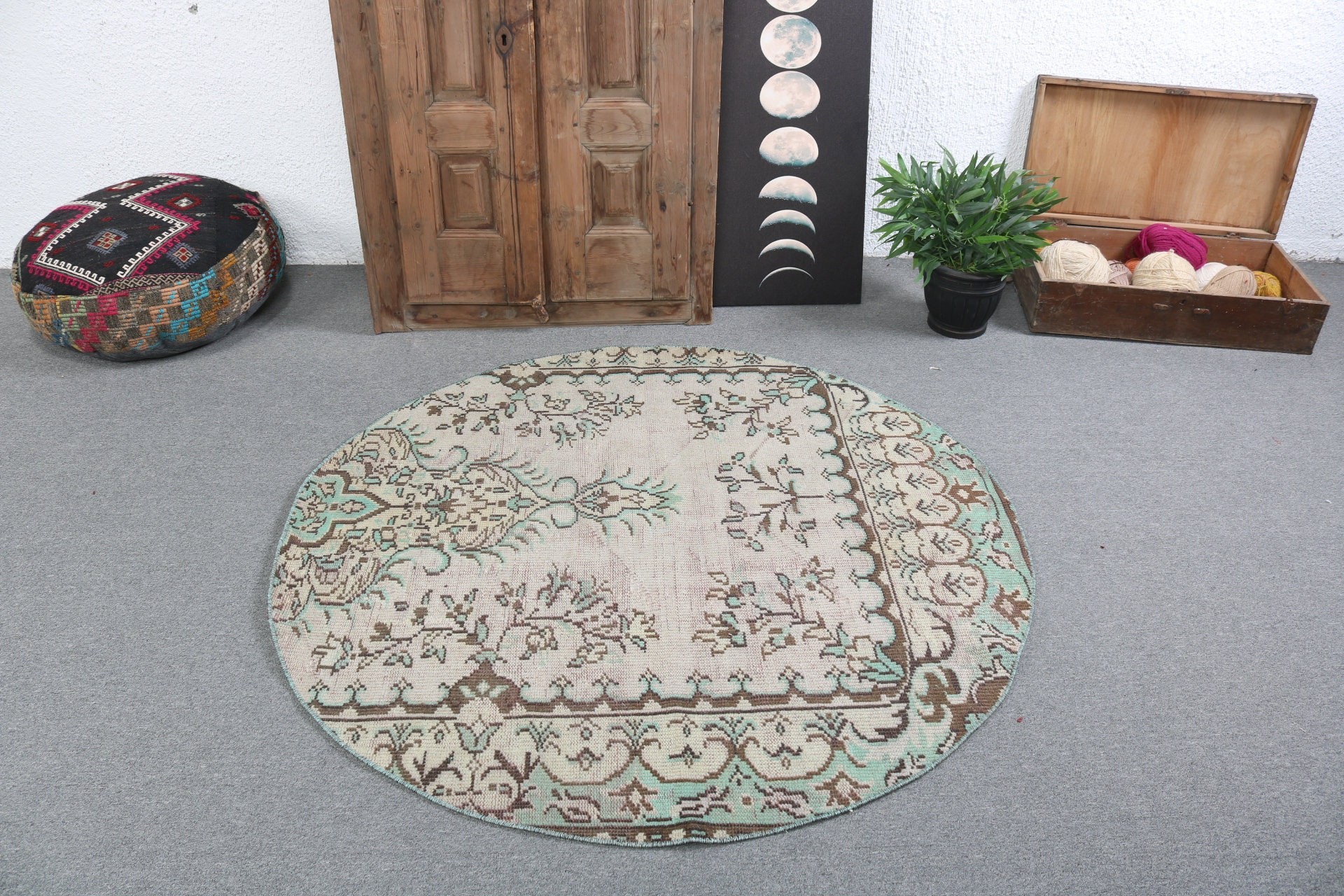 Boho Accent için Halılar, Yeşil Ev Dekorasyonu Halısı, Vintage Halılar, Giriş Halıları, 4.7x4.7 ft Accent Halı, El Dokuma Halı, Yatak Odası Halısı, Türk Halıları