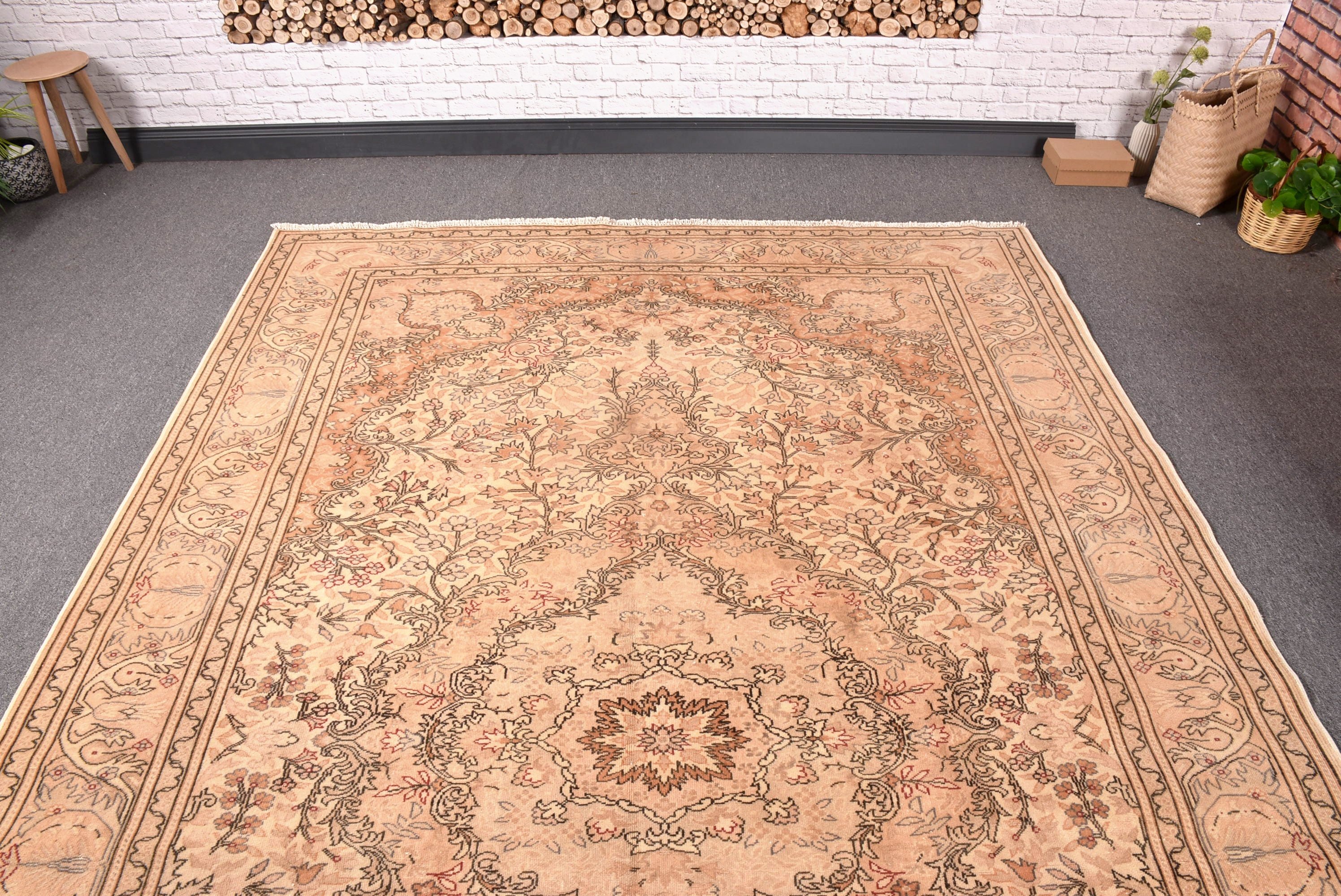 Nötr Halı, 6,4x9,8 ft Büyük Halı, Yer Halısı, Vintage Halılar, Dış Mekan Halısı, Bej Fas Halısı, Türk Halıları, Oturma Odası Halıları, Salon Halıları