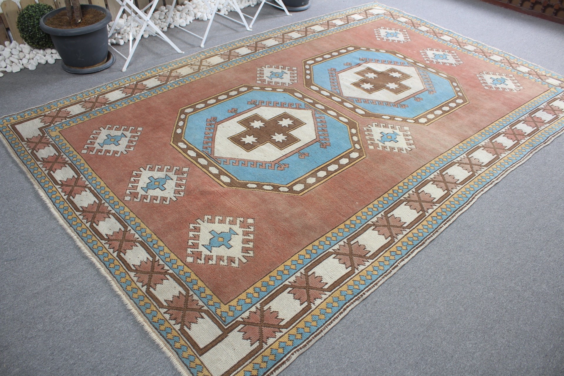 Rugs for Salon, Living Room Rug, Turkish Rugs, Oushak Rug, Brown Bedroom Rugs, Vintage Rug, Bright Rug, 6.5x10.1 ft Large Rug, Kitchen Rug