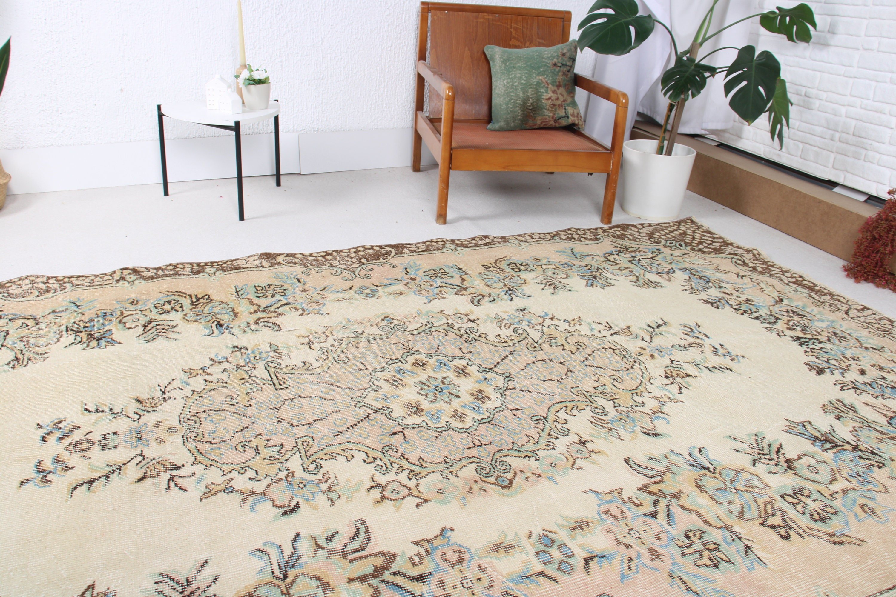 Büyük Boho Halı, Vintage Halılar, Salon Halıları, Bej El Dokuma Halı, Türk Halısı, Mutfak Halısı, El Dokuma Halılar, 5,9x9,2 ft Büyük Halı, Sanatsal Halı