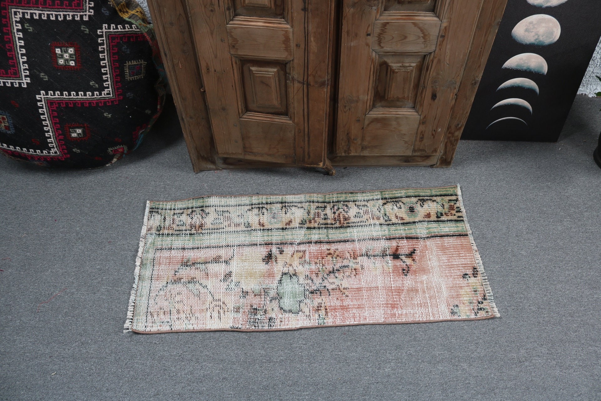 Vintage Rugs, Turkish Rug, Wool Rugs, Floor Rug, Door Mat Rug, Green Anatolian Rugs, 1.5x3.3 ft Small Rug, Small Boho Rugs, Home Decor Rugs