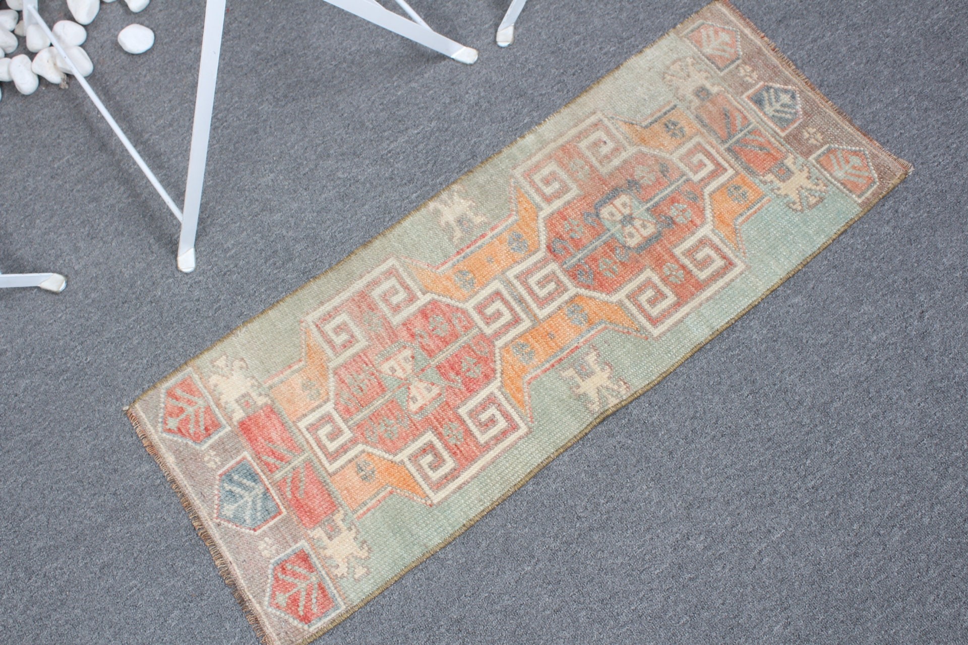 Vintage Rug, Green Floor Rugs, 1.1x2.9 ft Small Rug, Rugs for Kitchen, Car Mat Rugs, Oriental Rugs, Entry Rugs, Turkish Rugs