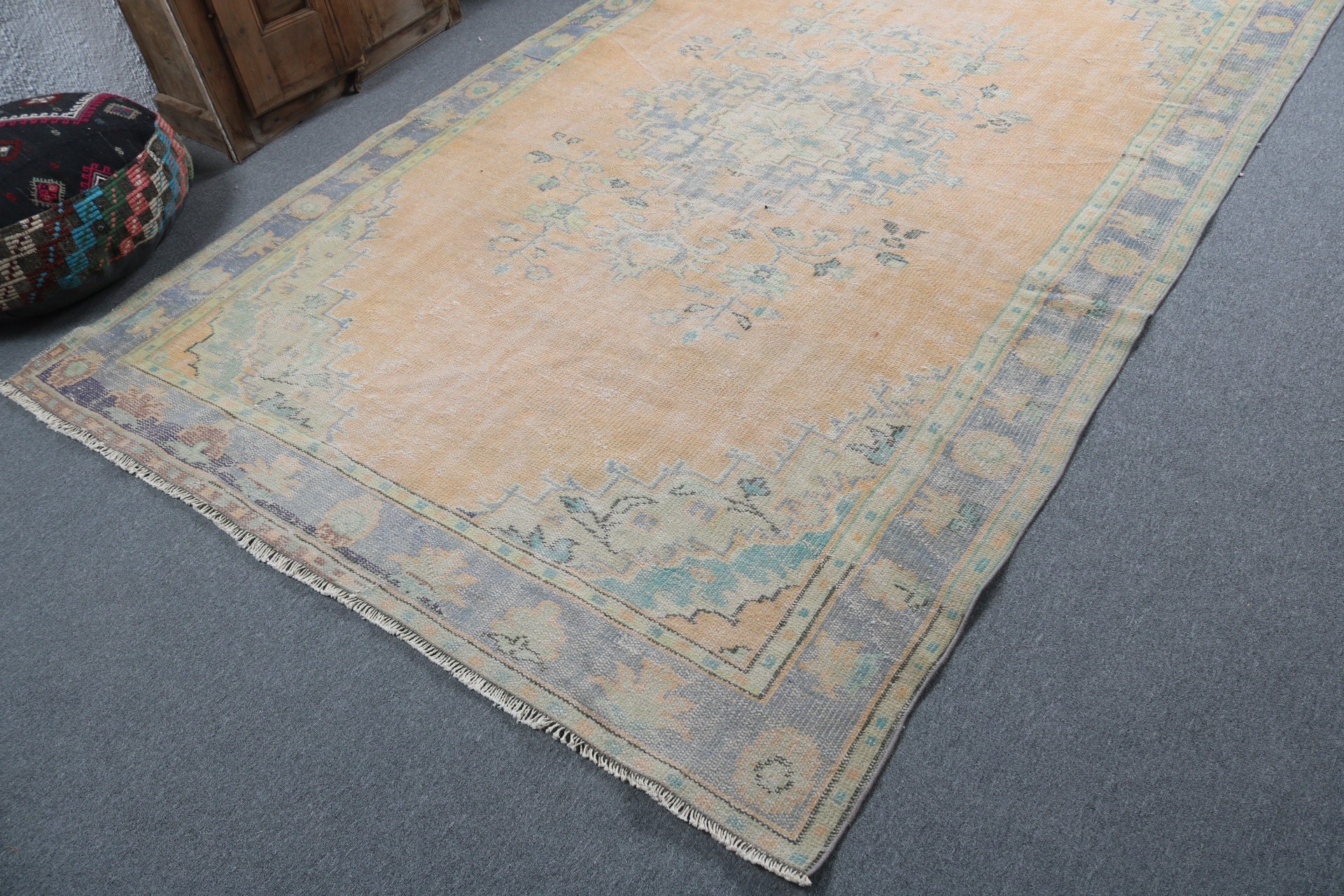 6.2x9.6 ft Büyük Halı, Salon Halıları, Sarı Geometrik Halı, Düz Dokuma Halı, Oushak Halı, Büyük Boho Halıları, Vintage Halılar, Egzotik Halı, Türk Halısı