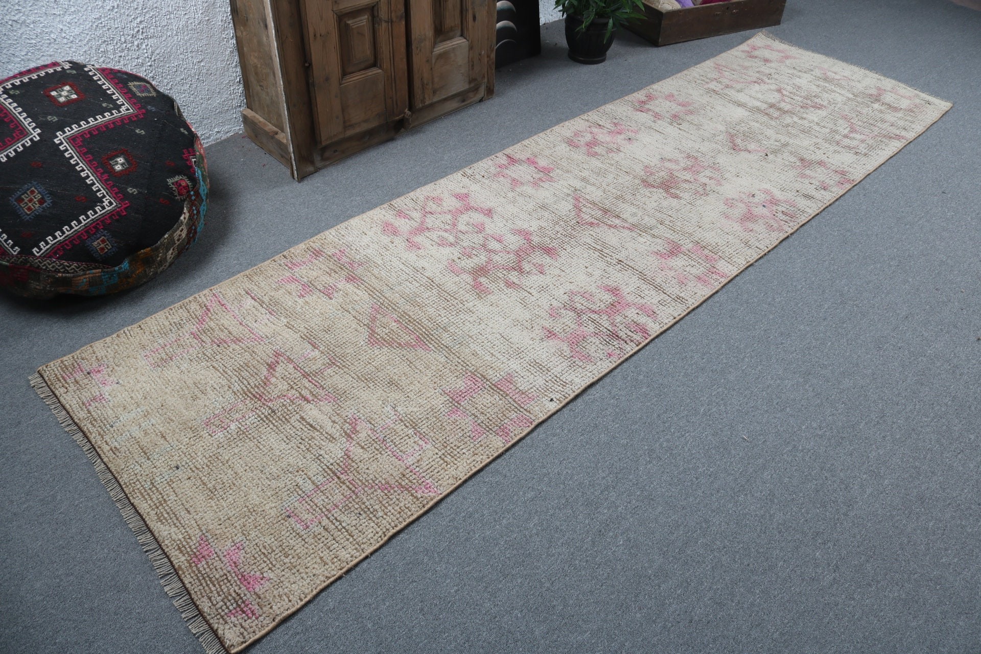 Floor Rugs, Beige Oushak Rugs, Long Runner Rugs, Kitchen Rugs, Geometric Rug, Turkish Rug, Ethnic Rug, 2.9x10.5 ft Runner Rug, Vintage Rugs