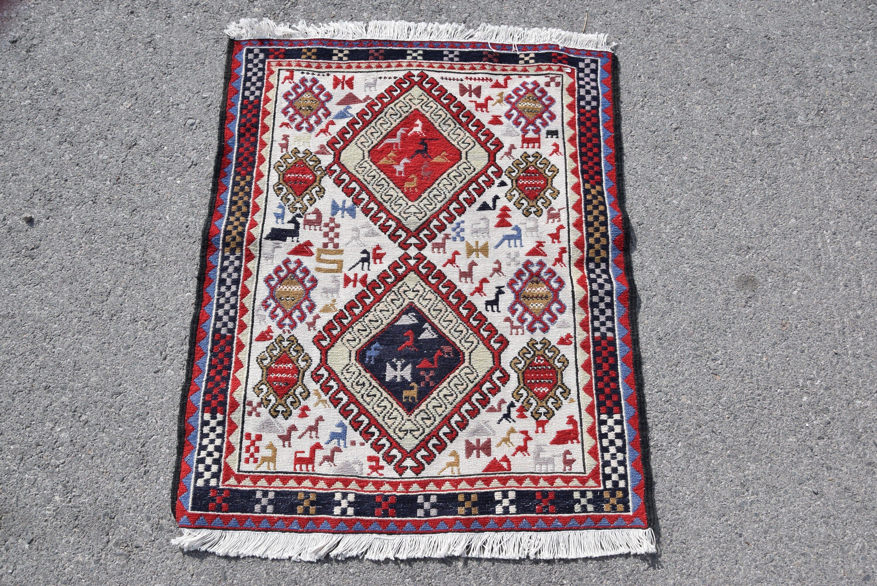 Nursery Rugs, Floor Rugs, Rugs for Bedroom, 2.5x3 ft Small Rug, Red Floor Rug, Kilim, Vintage Rug, Kitchen Rugs, Wool Rug, Turkish Rug