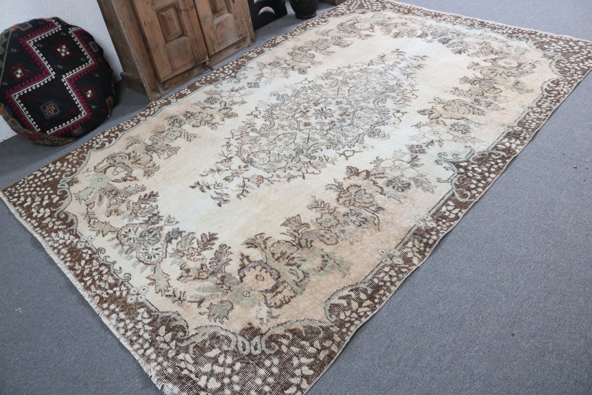 Yün Halılar, Salon Halıları, Nötr Halı, Vintage Halı, Büyük Boho Halı, 6x9,2 ft Büyük Halı, Bej Açıklama Halısı, Türk Halısı, Yemek Odası Halısı