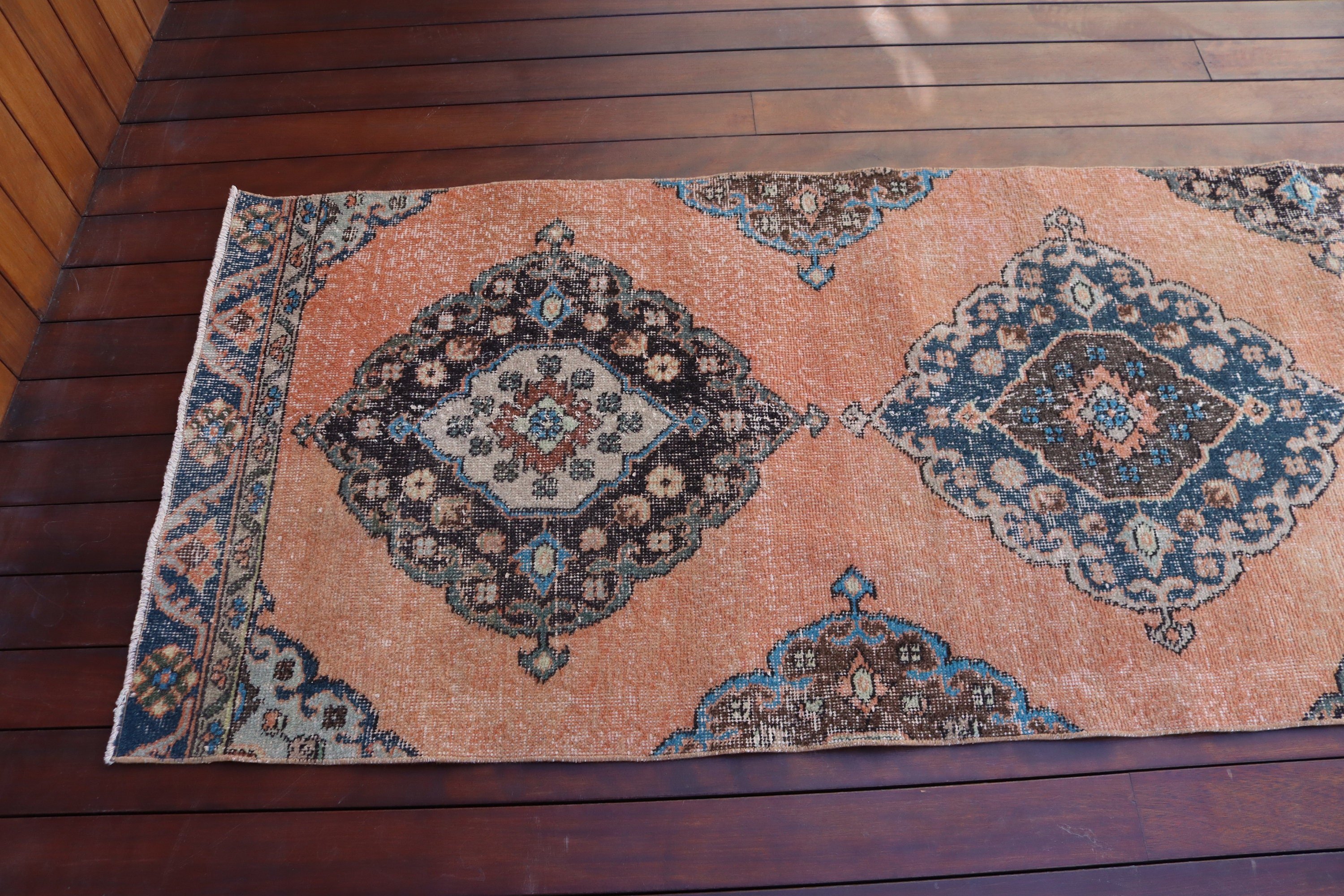 Turuncu Geometrik Halılar, Oushak Halı, Runner Halıları, Türk Halıları, Vintage Halılar, 2.7x12 ft Runner Halıları, Beni Ourain Runner Halısı, Yatak Odası Halısı