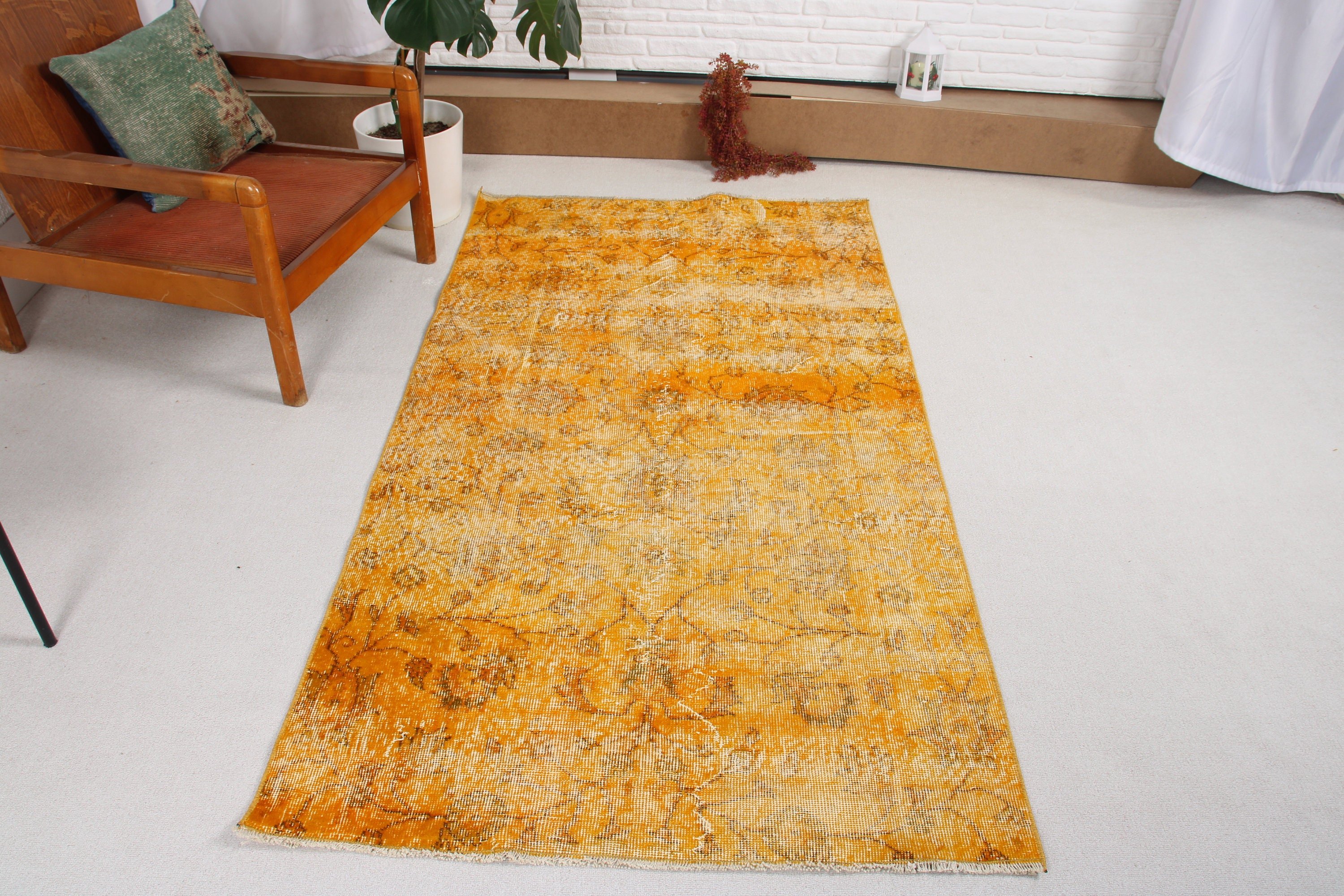 3,5x6,6 ft Aksan Halıları, Çocuk Halıları, Modern Halı, El Dokuma Halı, Türk Halısı, Vintage Halı, Vintage Vurgulu Halılar, Sarı Soğuk Halı