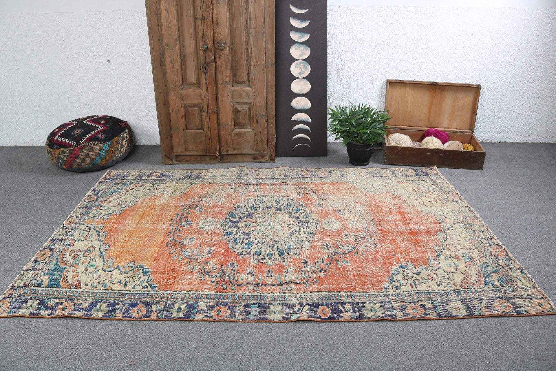 Büyük Boho Halıları, Oushak Halıları, Türk Halıları, Kırmızı Antika Halılar, 5,2x8 ft Büyük Halı, Vintage Halı, Büyük Yün Halı Halıları, Salon Halıları, Modern Halı