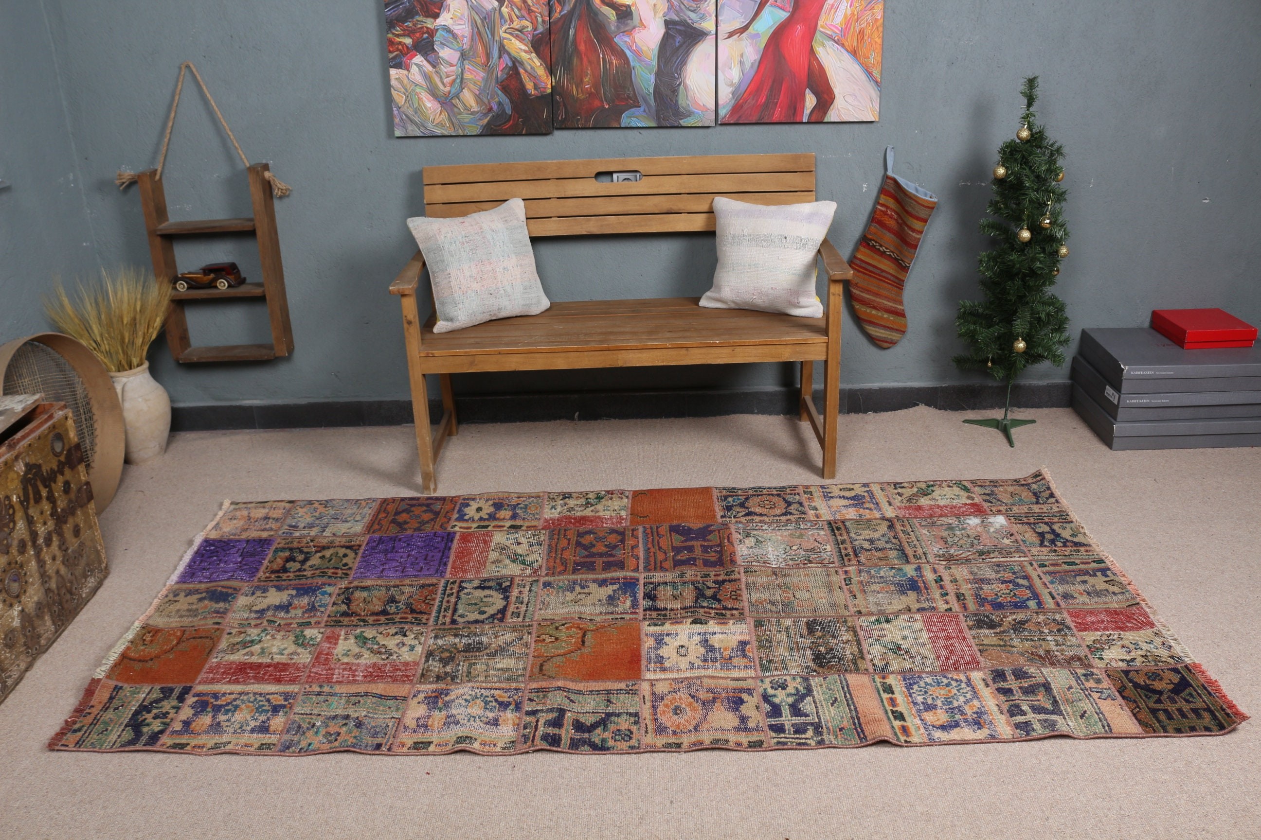 Art Rug, Rugs for Kitchen, Cool Rug, Bedroom Rug, Living Room Rugs, Purple Anatolian Rug, Vintage Rug, Turkish Rug, 3.7x7.9 ft Area Rug
