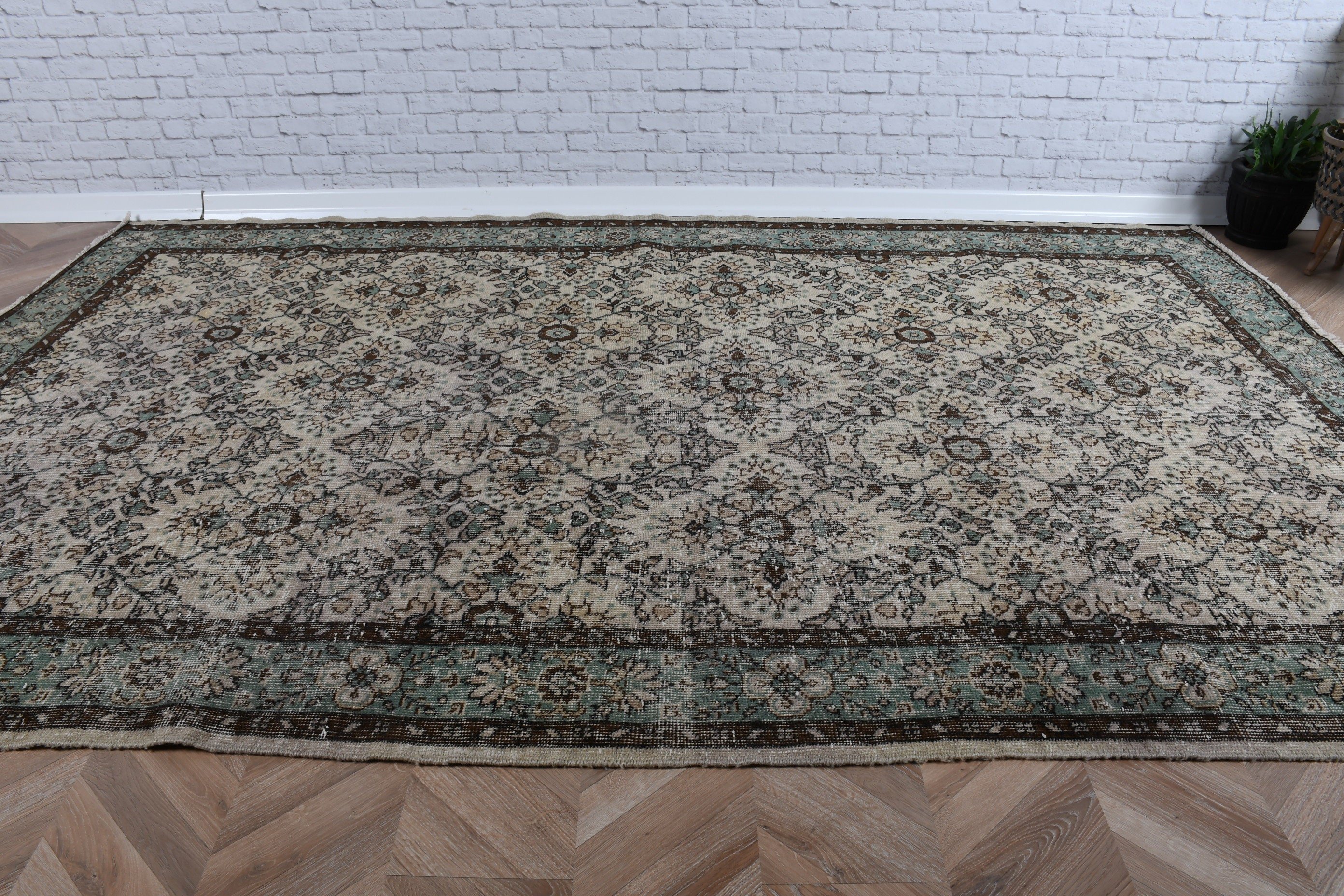 Yeşil Yün Halı, Vintage Halılar, Geometrik Halı, Türkiye Halısı, Türk Halıları, Fas Halısı, Yatak Odası Halıları, 6x9.4 ft Büyük Halı, Oturma Odası Halısı