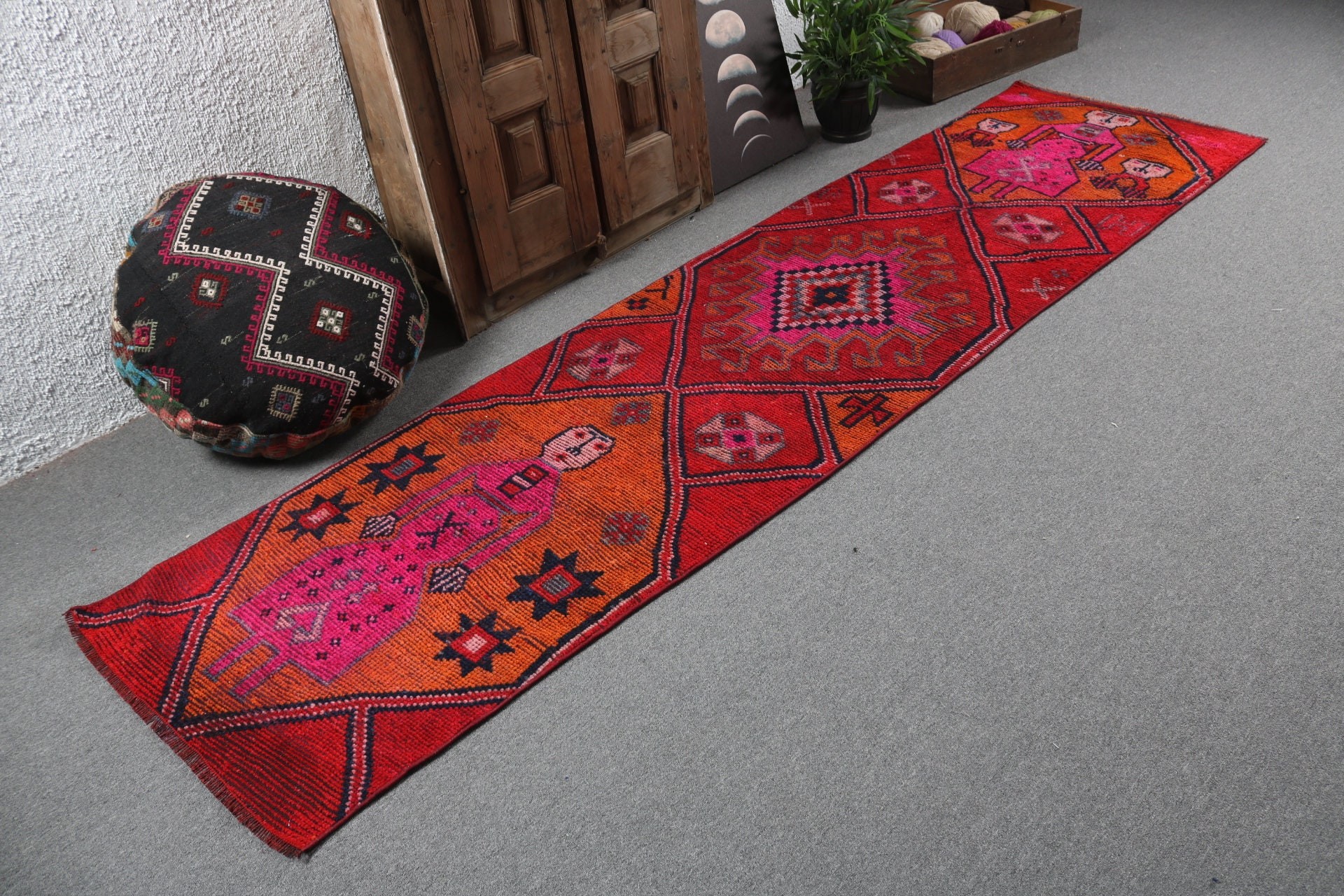 Vintage Rugs, Home Decor Rugs, Modern Rug, Red Neutral Rugs, Turkish Rug, 2.6x10.1 ft Runner Rugs, Hallway Rug, Stair Rugs, Geometric Rugs