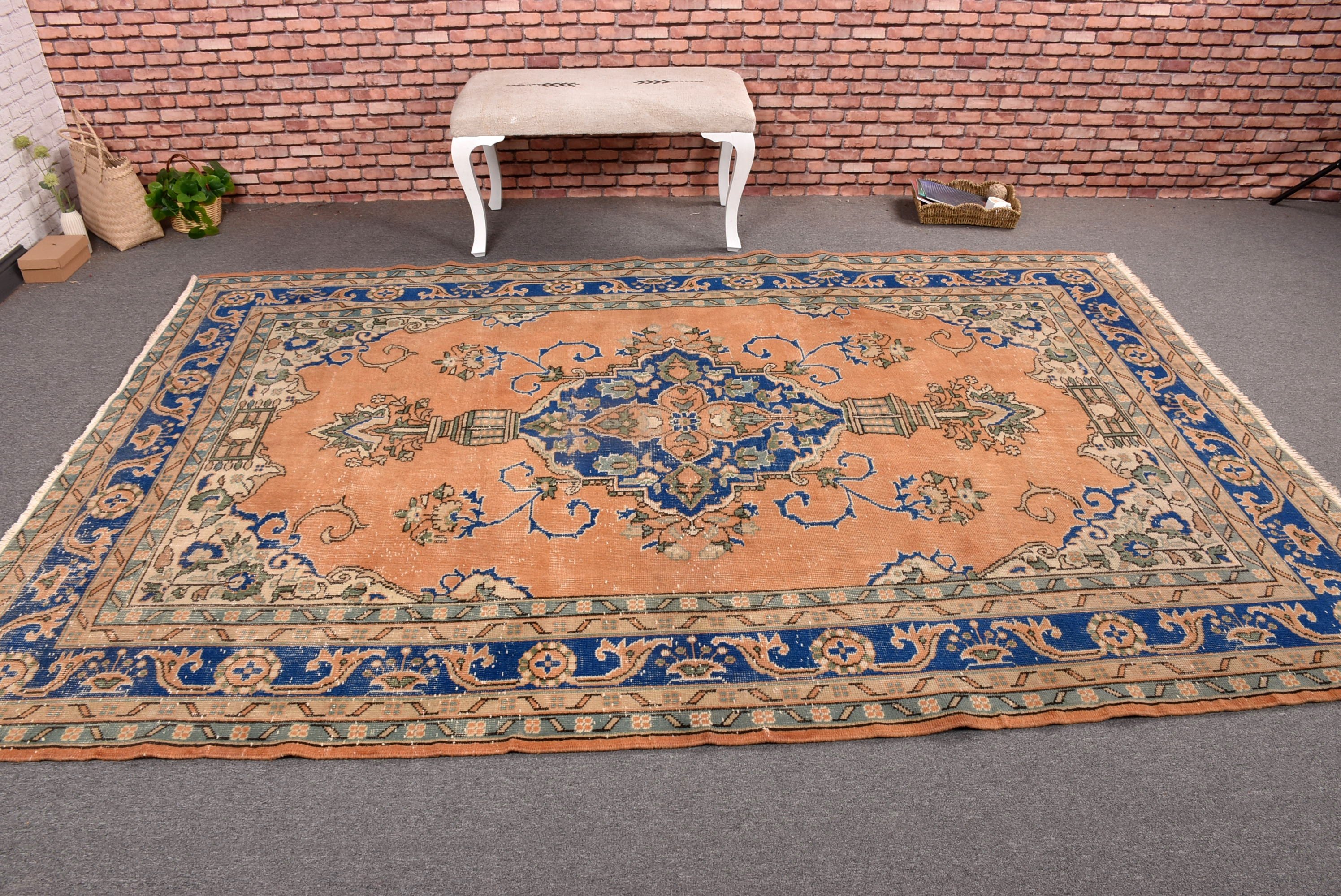 Vintage Halı, Türk Halısı, Boho Halılar, 6.4x9.4 ft Büyük Halılar, Yemek Odası Halıları, Büyük Vintage Halılar, Turuncu Nötr Halı