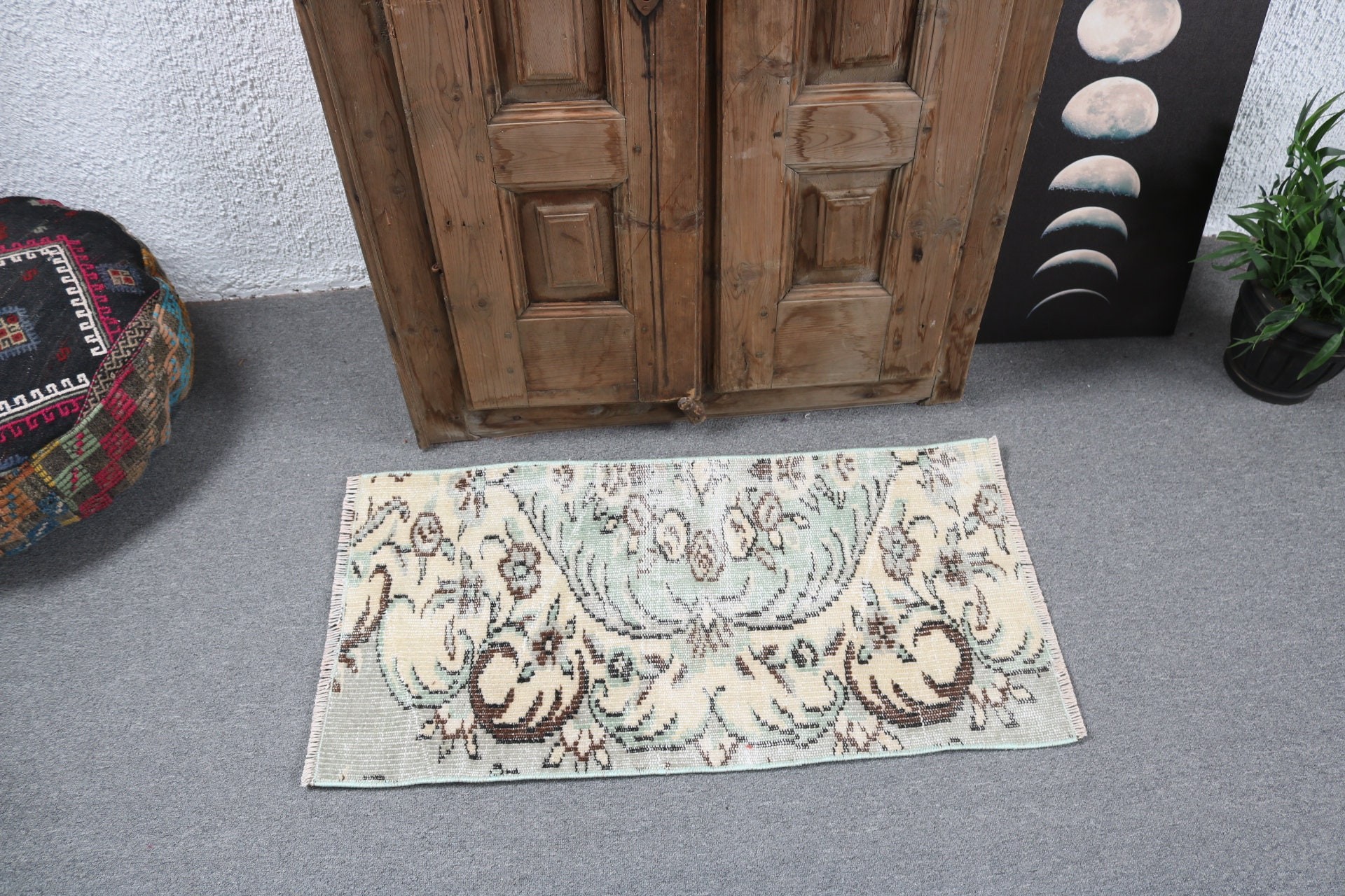 El Yapımı Halı, Kapı Paspası Halıları, 1.7x3.2 ft Küçük Halı, Havalı Halı, Banyo Halısı, Türk Halıları, Yatak Odası Halıları, Vintage Halı, Yeşil İfade Halısı