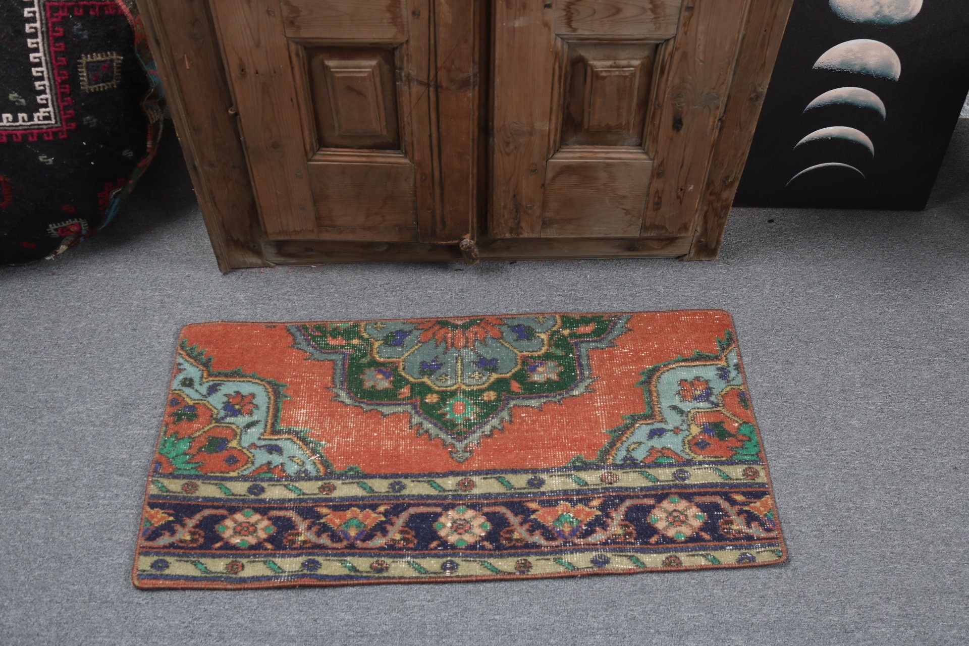 Banyo Halıları, Giriş Halısı, 1,5x3 ft Küçük Halı, Vintage Halı, Türk Halısı, Ev Dekor Halıları, Duvara Asma Halılar, Yer Halıları, Yeşil Yün Halı