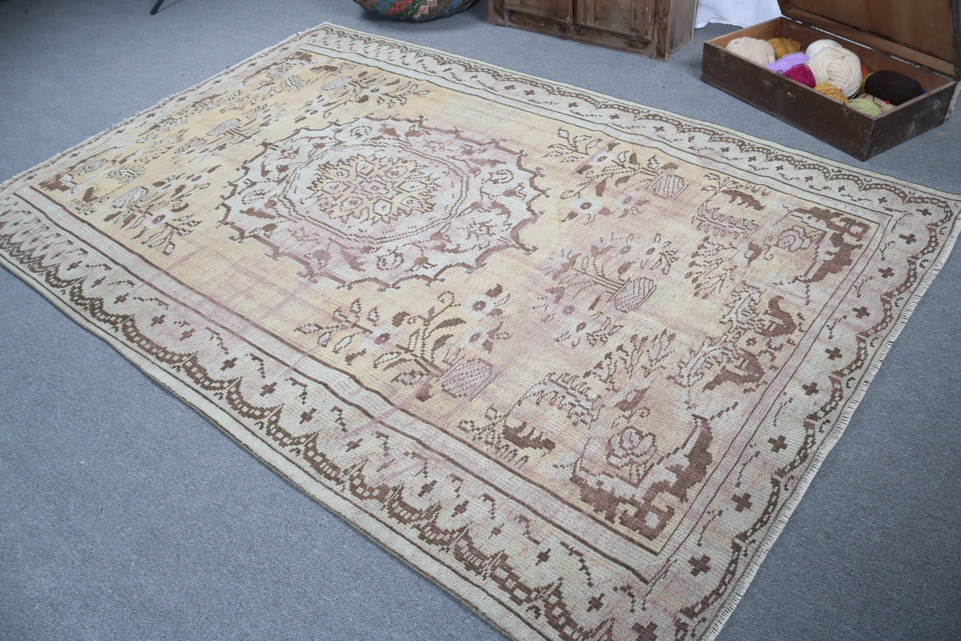 6.1x9.3 ft Büyük Halı, Vintage Halılar, Yemek Odası Halıları, Modern Halılar, Oturma Odası Halısı, Boho Halısı, Sanatsal Halı, Sarı Yün Halı, Türk Halısı