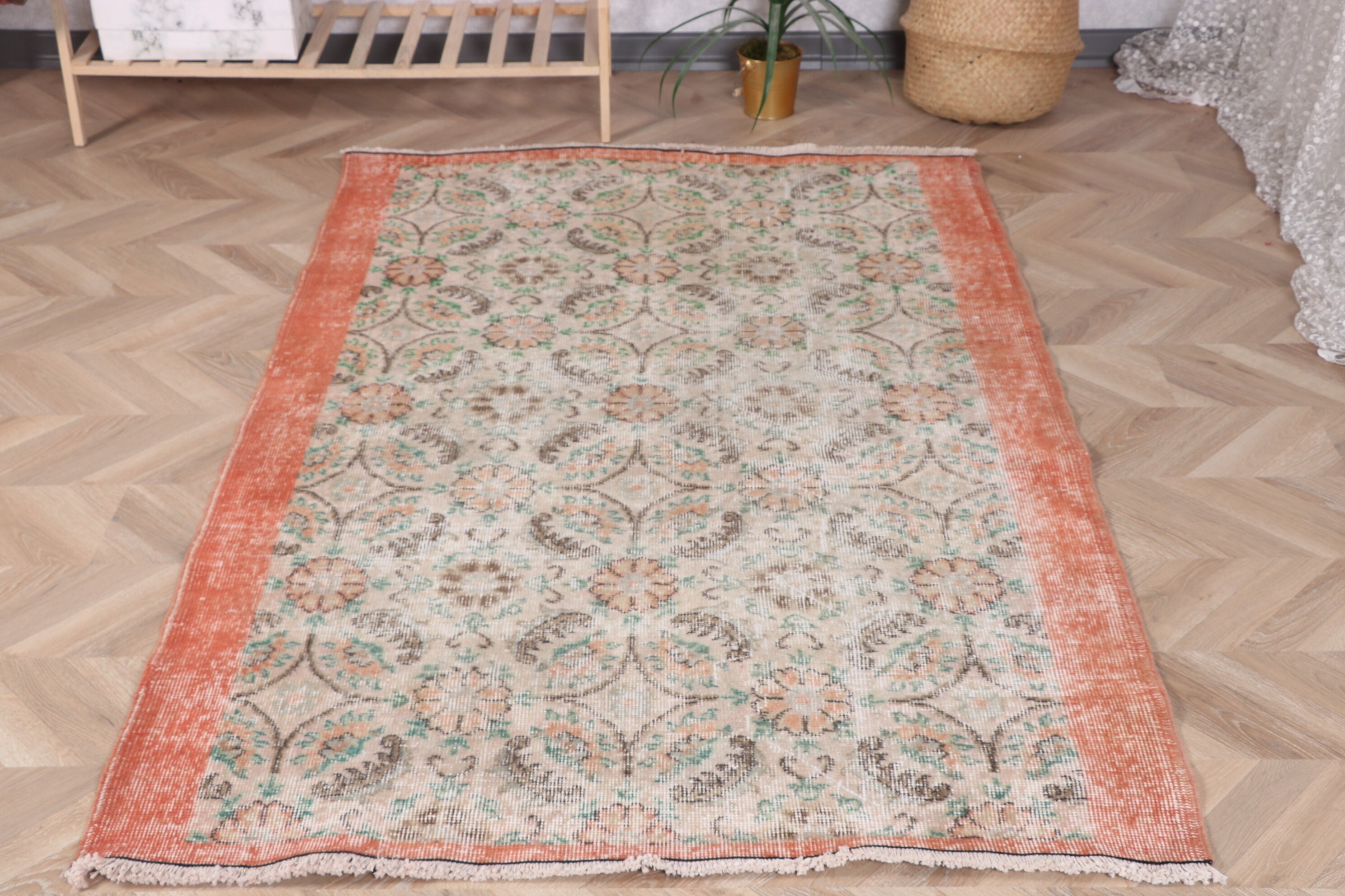 Vintage Rug, 3.8x6.1 ft Accent Rugs, Floor Rug, Orange Boho Rug, Vintage Accent Rugs, Turkish Rug, Bedroom Rug, Antique Rug