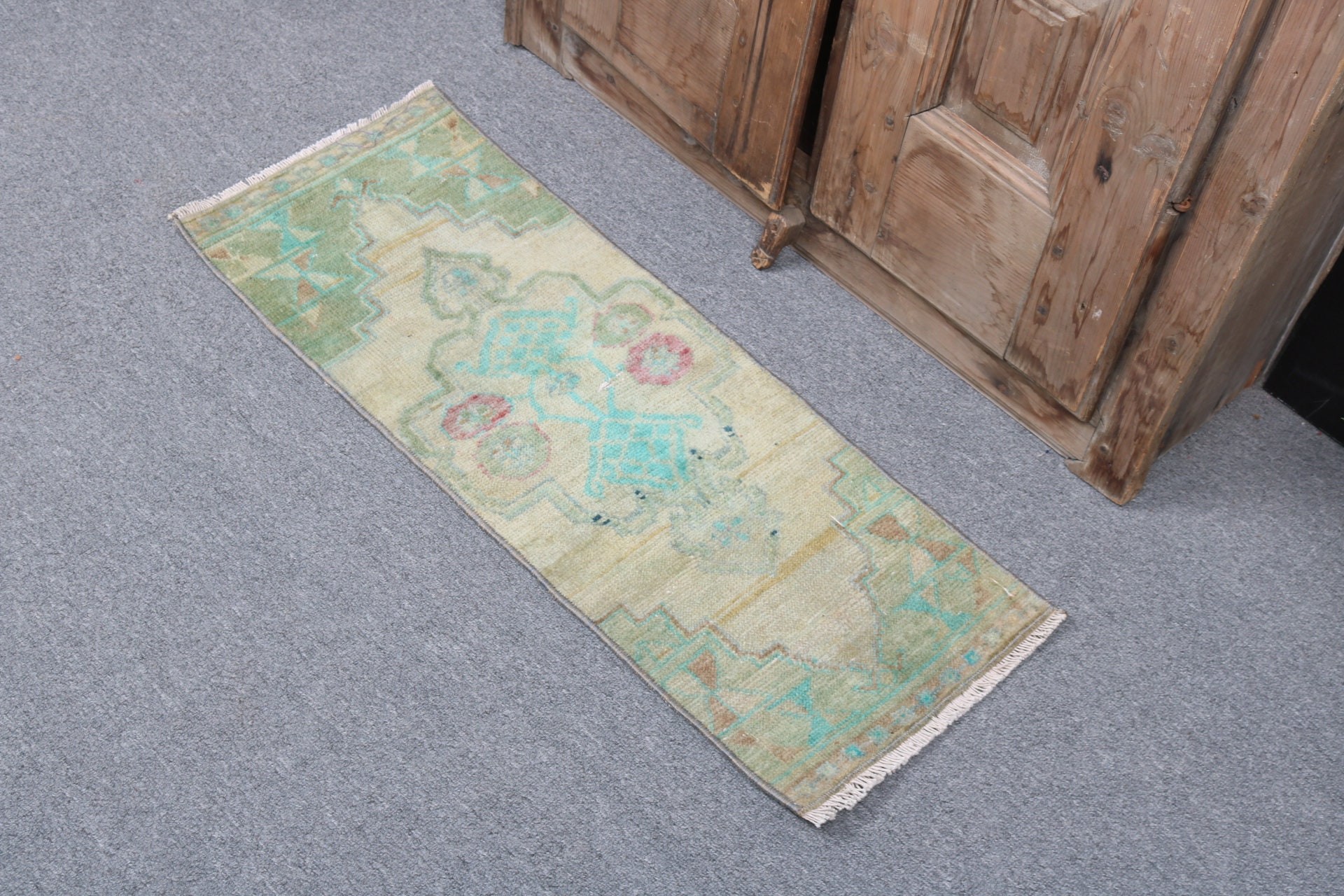 Vintage Rugs, Green Oushak Rugs, Kitchen Rug, Antique Rug, Turkish Rug, 1.1x2.9 ft Small Rug, Bath Rugs, Rugs for Wall Hanging, Wool Rugs