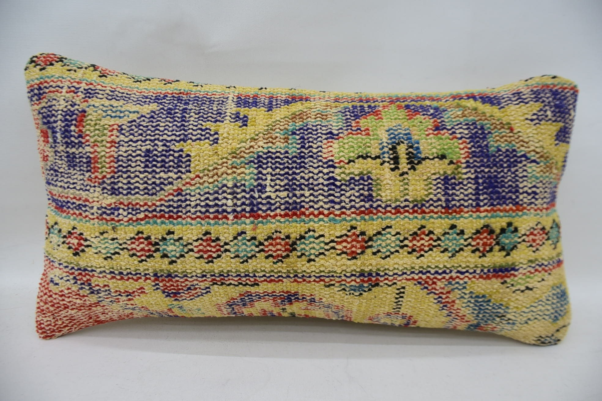 Vintage Kilim Pillow, Bright Pillow Sham, 12"x24" Yellow Pillow Sham, Kilim Cushion Sham, Vintage Kilim Throw Pillow, Bench Cushion Cover