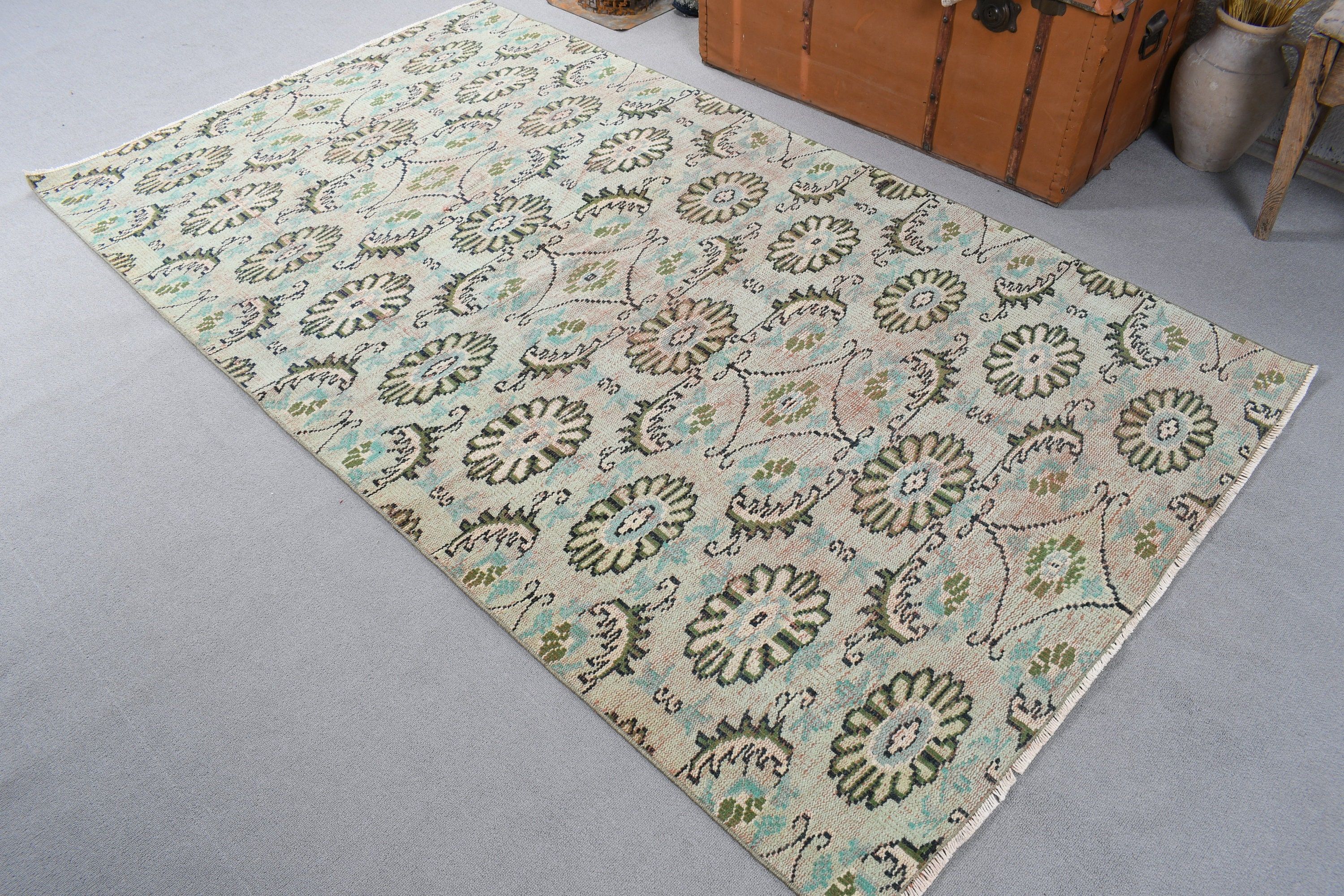 Indoor Rug, Kitchen Rug, Neutral Rug, 4.3x7.4 ft Area Rugs, Oushak Area Rug, Artistic Rug, Vintage Rug, Turkish Rugs, Green Oriental Rugs