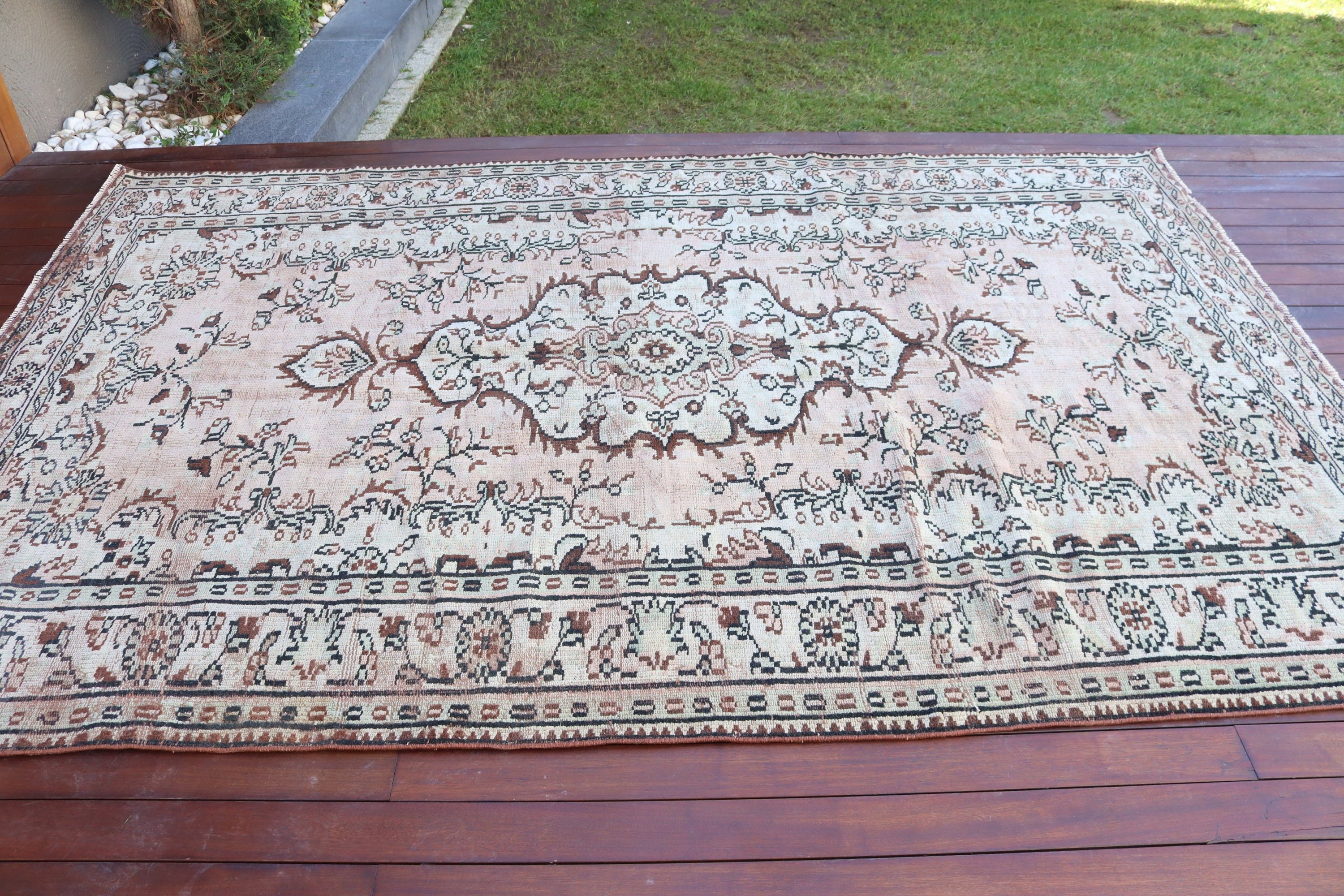 Nötr Halı, Salon Halıları, 6,1x9,4 ft Büyük Halı, Türk Halıları, Vintage Halılar, Kabile Halısı, Yer Halıları, Bej Oushak Halıları, Büyük Boho Halısı