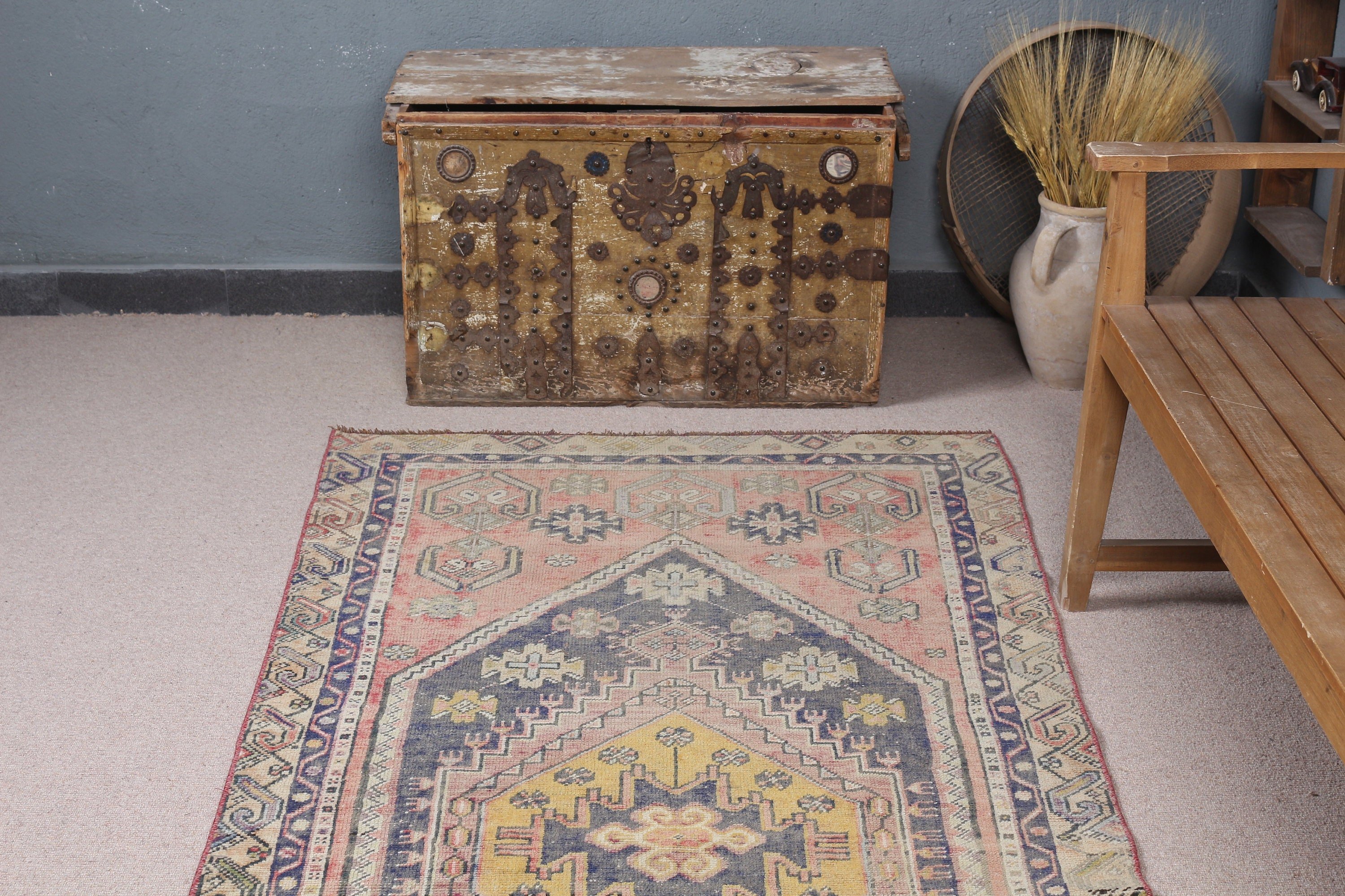 Vintage Rugs, Moroccan Rug, Turkish Rugs, Cute Rugs, Rugs for Floor, Blue Bedroom Rugs, Oushak Rug, Living Room Rug, 3.4x7.4 ft Area Rug