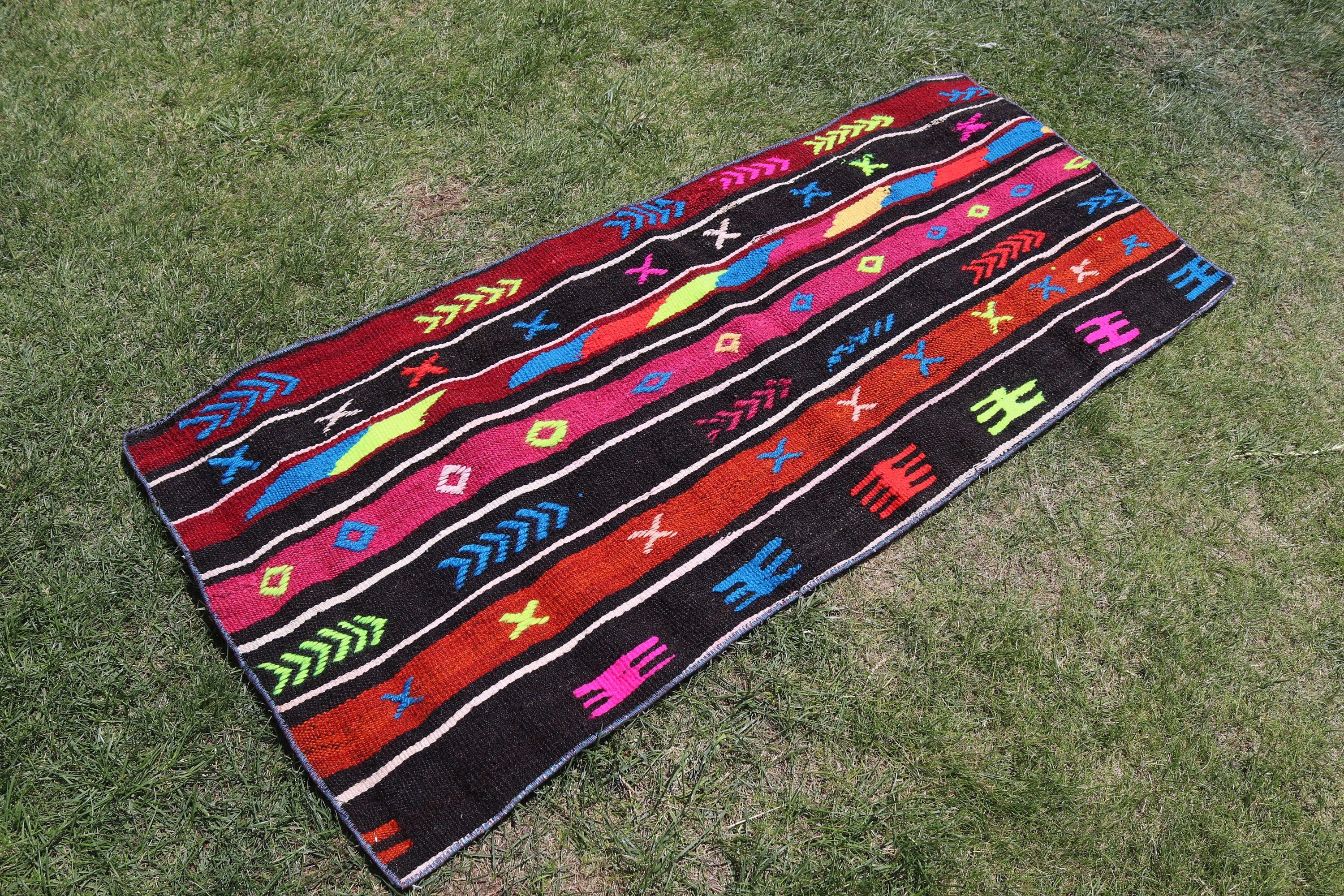 Turkish Rugs, Car Mat Rug, Antique Rugs, Modern Rug, Door Mat Rug, Kilim, Black Boho Rug, Vintage Rugs, Outdoor Rugs, 2.2x5 ft Small Rug