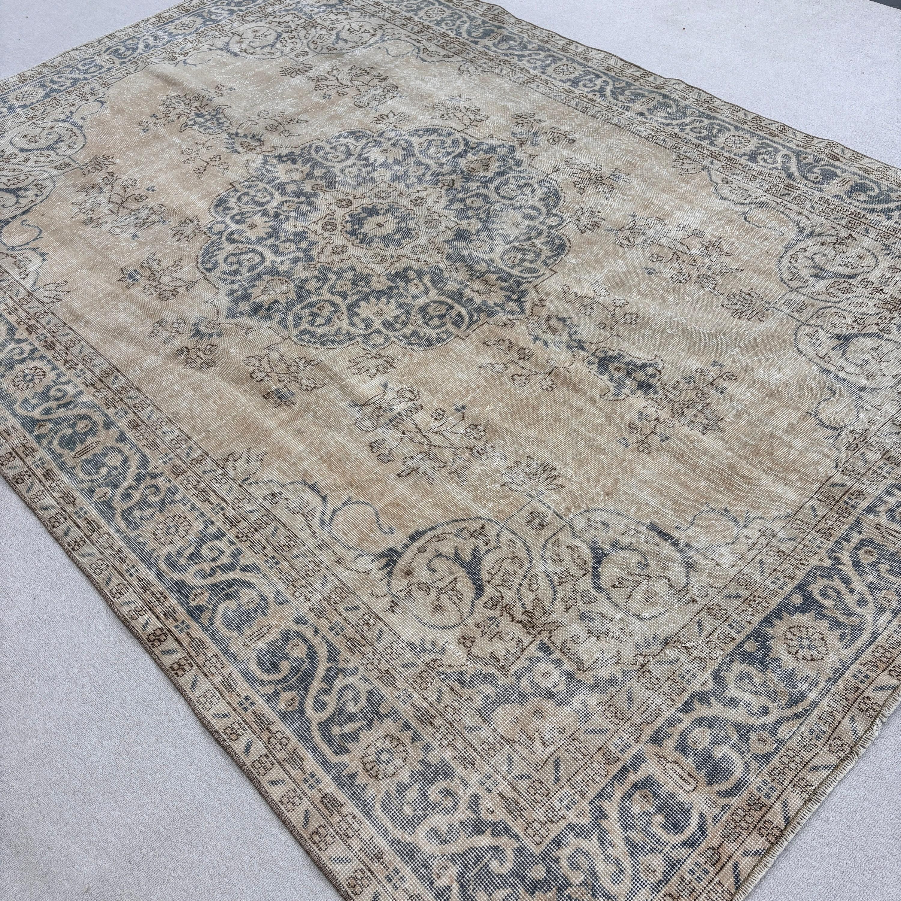 Bej Havalı Halı, Vintage Halılar, Türk Halıları, 7,2x10,3 ft Büyük Boy Halılar, Yün Halı, El Dokuma Halı, Yemek Odası Halıları, Büyük Boy Vintage Halılar