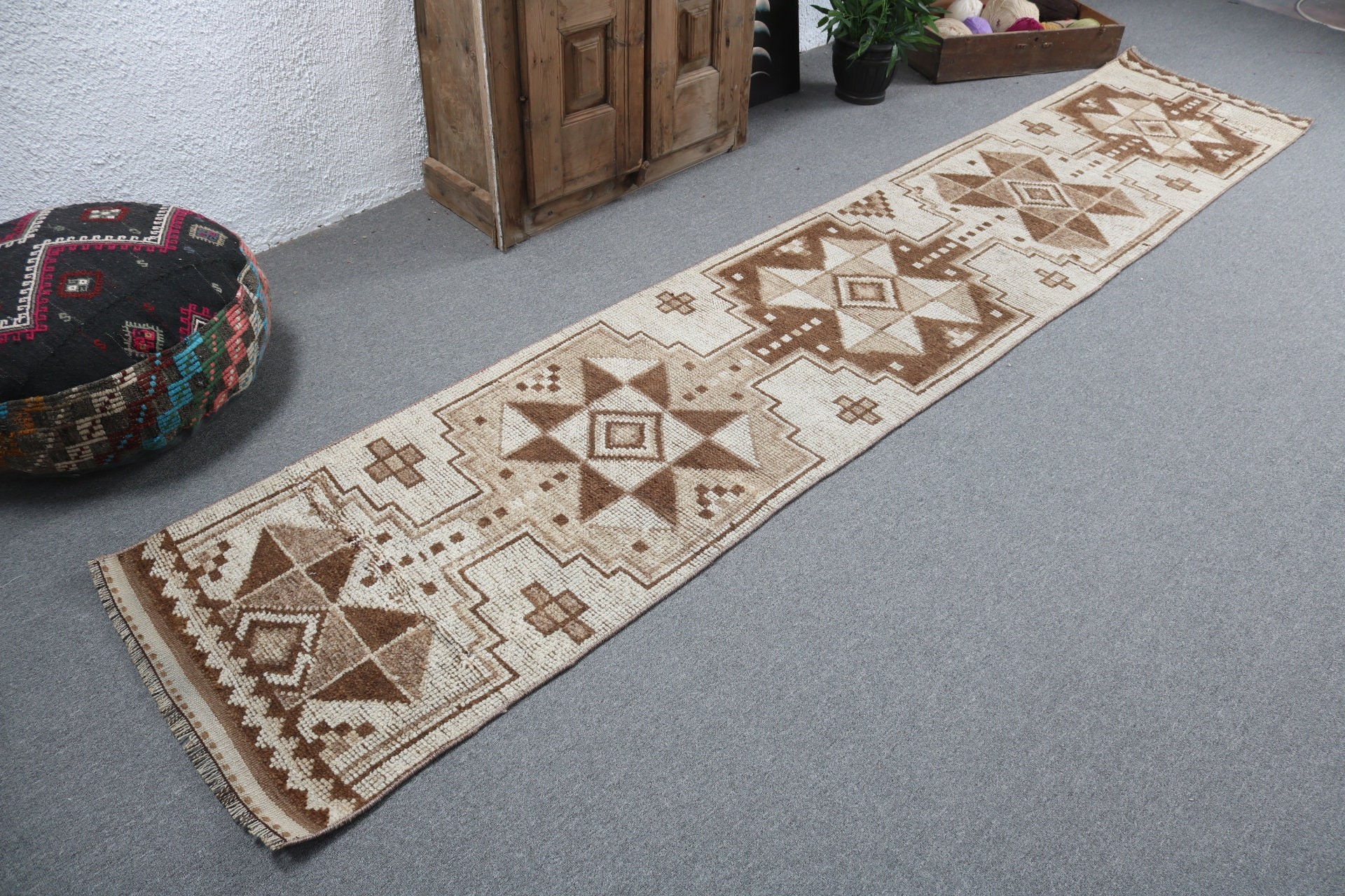 Handmade Rug, Beige Antique Rug, Stair Rugs, Oushak Rug, Turkish Rugs, Vintage Rug, Kitchen Rugs, 2.2x11.7 ft Runner Rugs