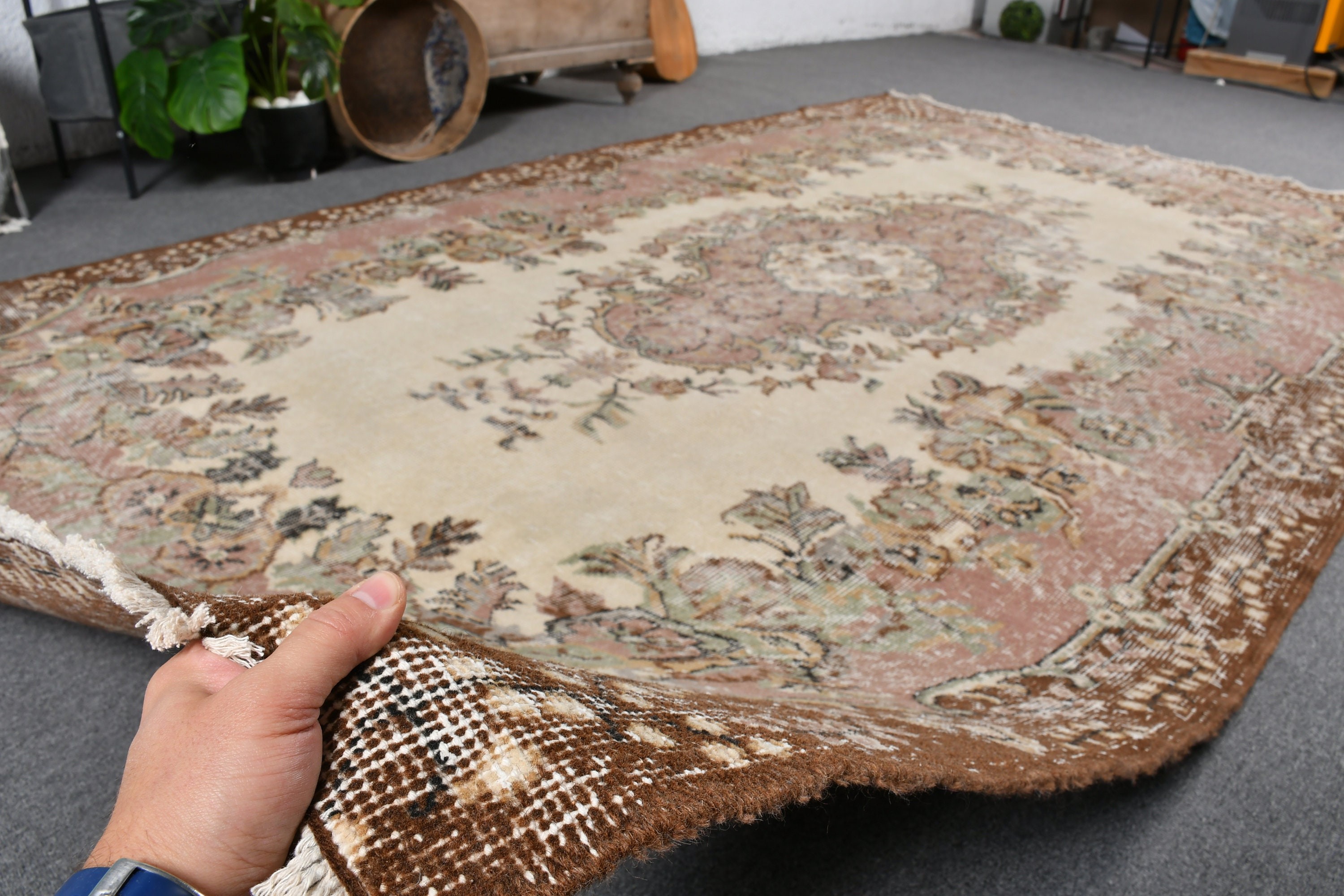 Anadolu Halısı, Kabile Halısı, Vintage Halılar, Kahverengi Yün Halı, Oturma Odası Halısı, Salon Halıları, Türk Halıları, Oushak Halısı, 5,8x9,6 ft Büyük Halı