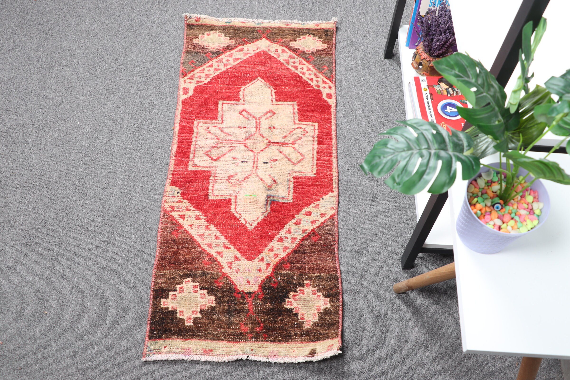 Rugs for Car Mat, Door Mat Rug, Red Floor Rug, Turkish Rug, Bathroom Rug, Antique Rugs, Oushak Rug, 1.4x3.3 ft Small Rugs, Vintage Rug