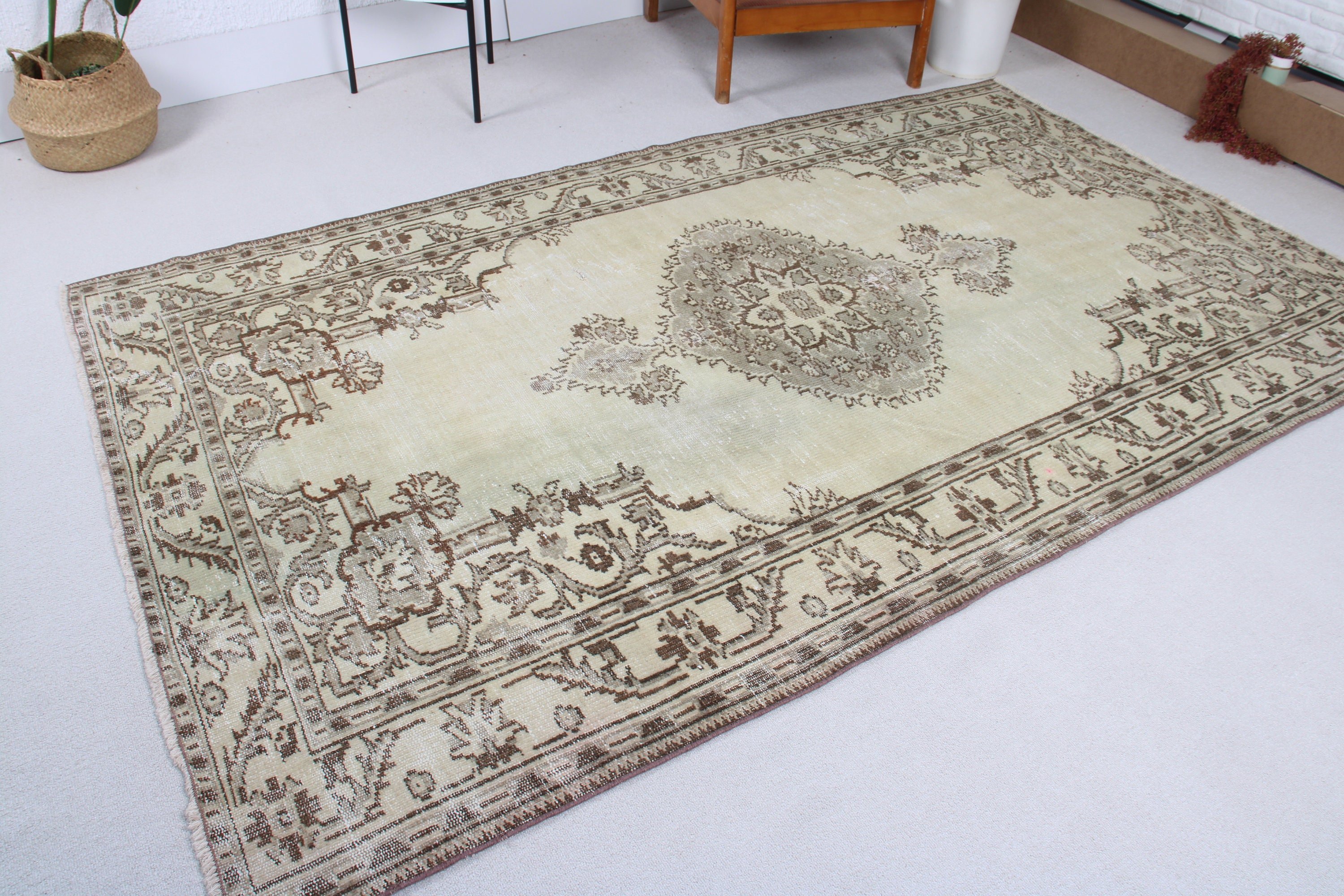 Yemek Odası Halıları, Salon Halısı, Bej El Dokuma Halısı, Türk Halısı, 5.5x8.9 ft Büyük Halı, Vintage Halılar, Düz Dokuma Halı, Dış Mekan Halısı, Yatak Odası Halısı