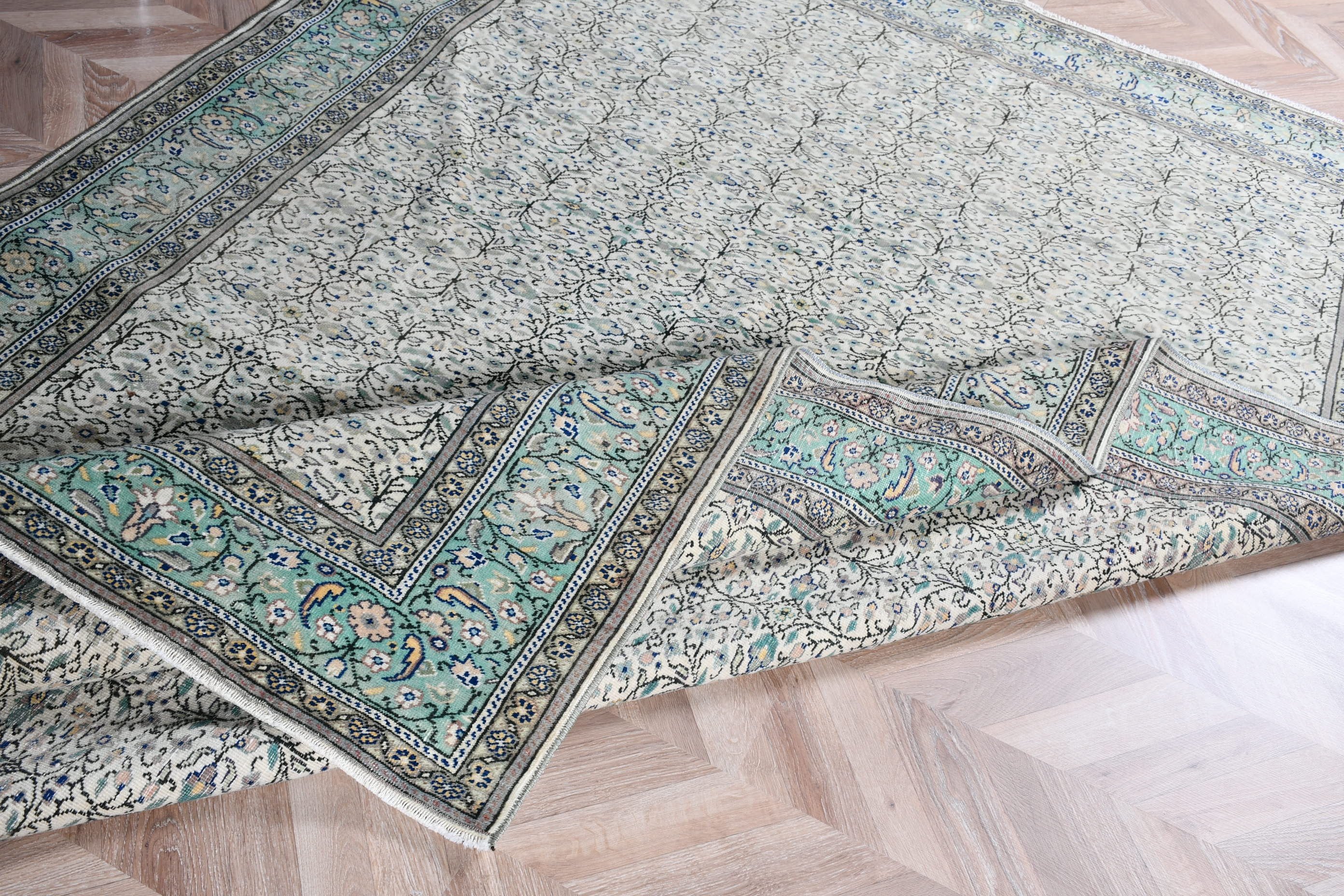 Türk Halısı, 6.5x9.4 ft Büyük Halı, Vintage Halı, Soluk Halı, Fas Halıları, Bej Oushak Halısı, Salon Halıları, Oturma Odası Halıları, Anadolu Halısı