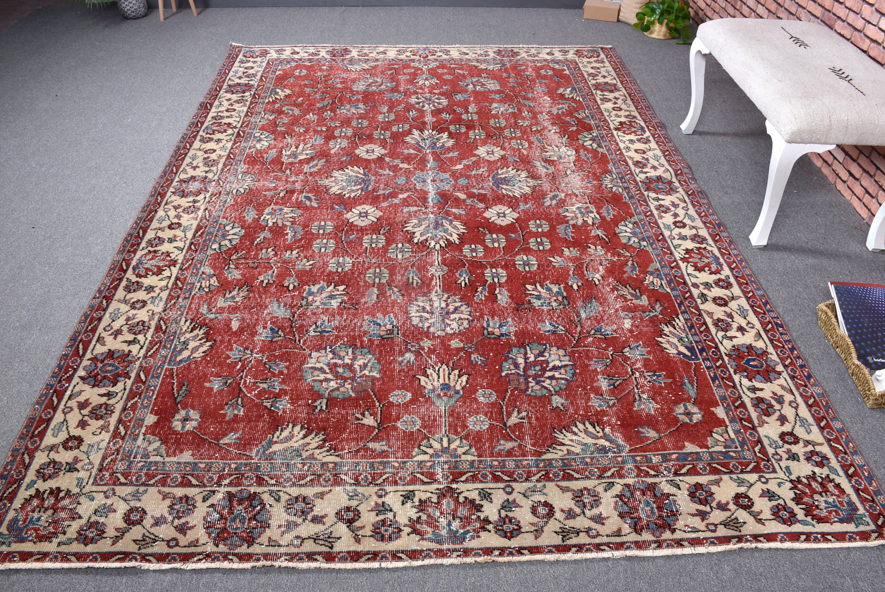 Oryantal Halılar, Büyük Oushak Halıları, Türk Halısı, Büyük Vintage Halılar, Oushak Halıları, Vintage Halılar, 6.6x9.4 ft Büyük Halı, Kırmızı Anadolu Halıları