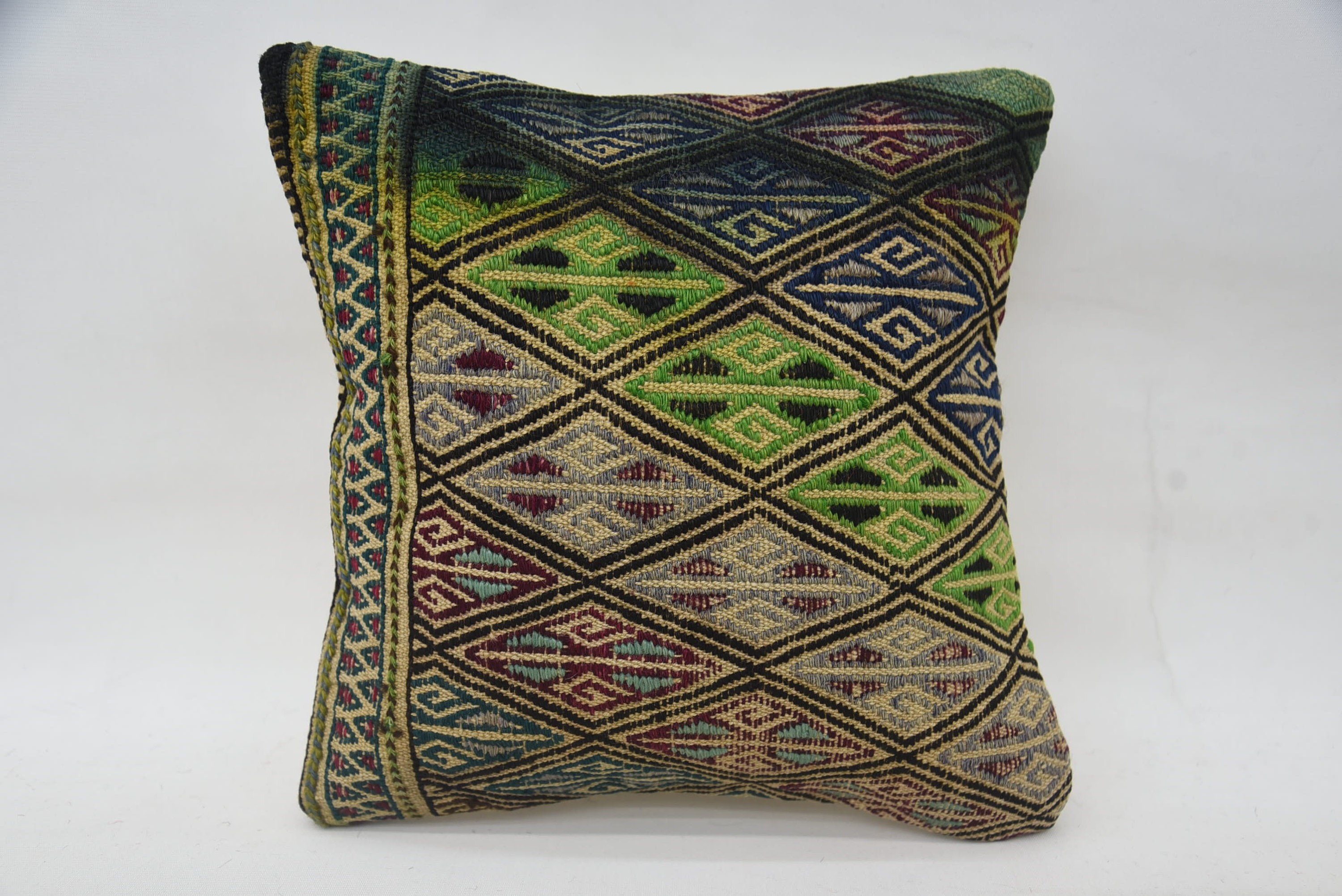 Gift Pillow, Kilim Pillow Cover, Ethnic Pillow Case, Office Chair Pillow Sham, Turkish Pillow, 12"x12" Green Cushion Case