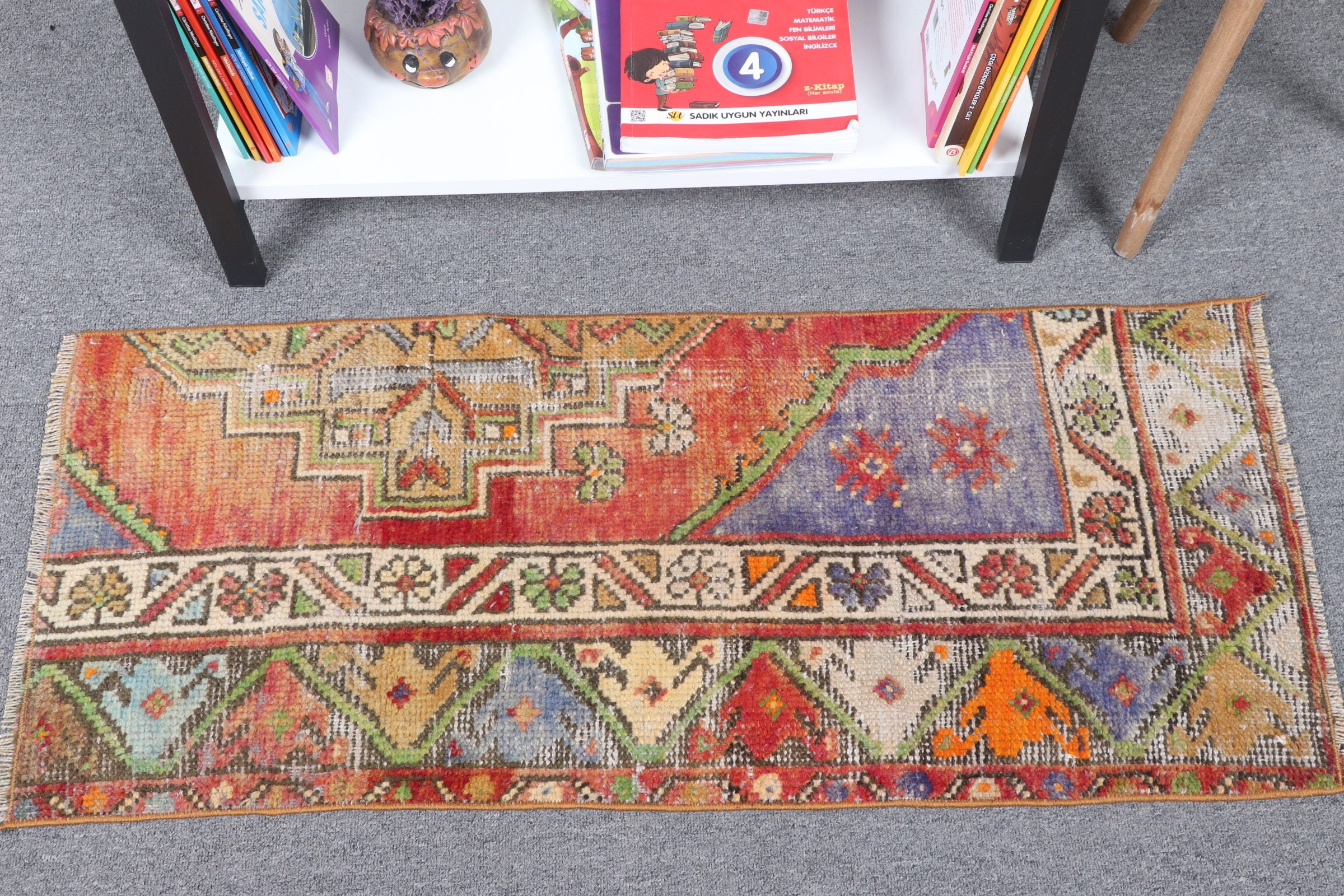 Wall Hanging Rug, Entry Rug, Turkish Rugs, 1.4x3.3 ft Small Rug, Vintage Rugs, Red Antique Rug, Oushak Rug, Floor Rug, Rugs for Car Mat