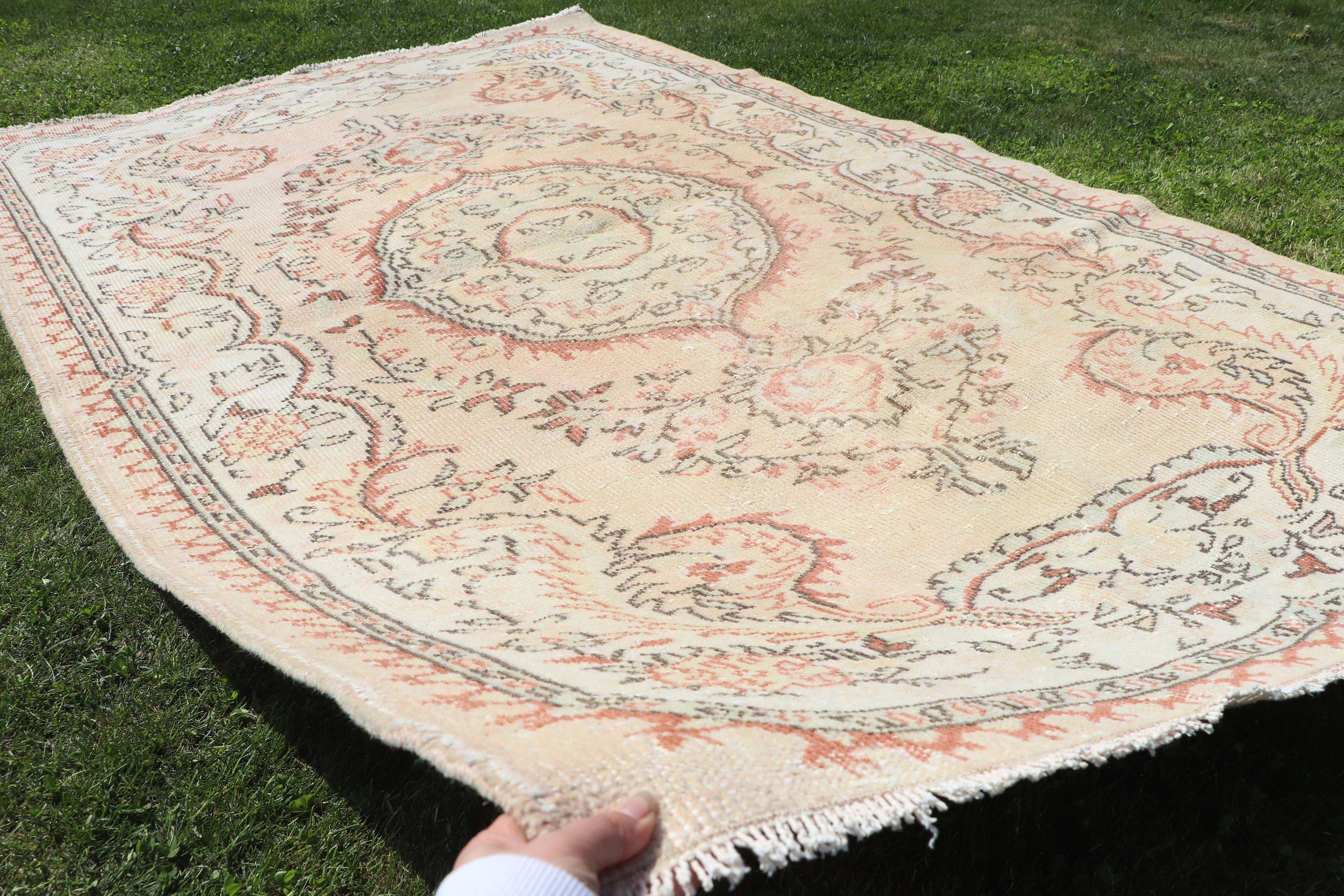 5.4x8.5 ft Büyük Halı, Türk Halısı, Büyük Oushak Halıları, Vintage Halı, El Dokuma Halı, Oturma Odası Halıları, Bej Oryantal Halı, Geometrik Halılar